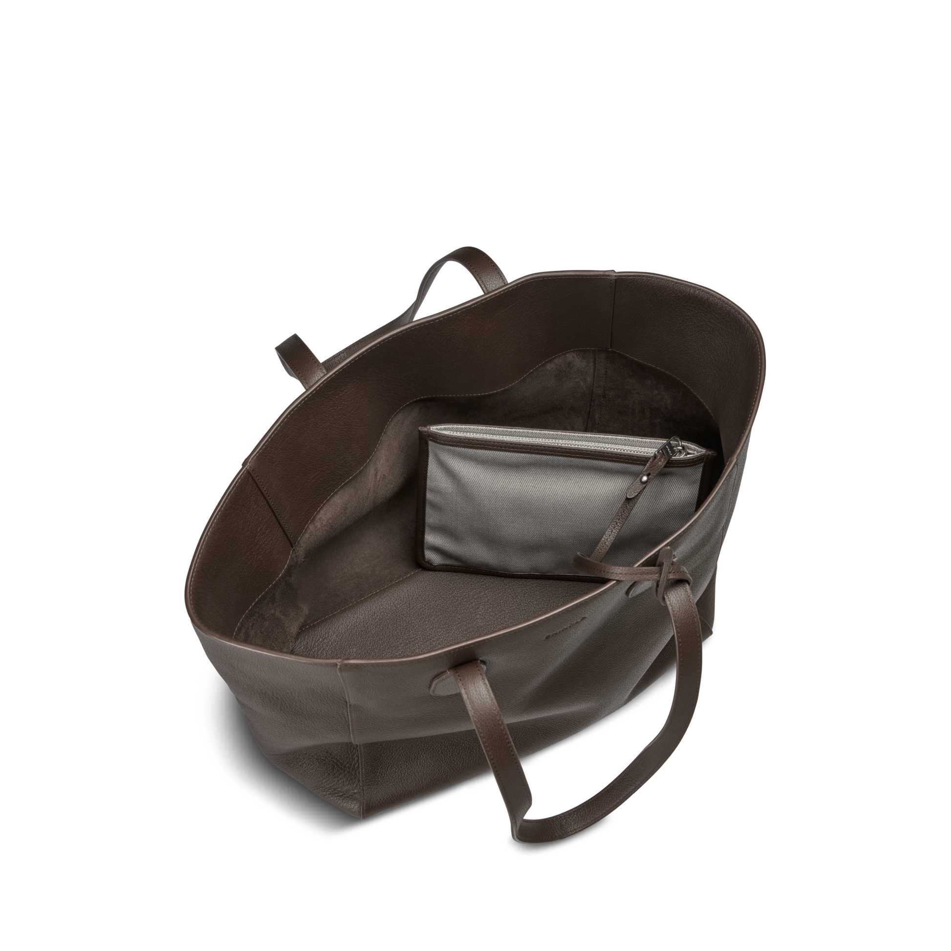 The Shinola Runabout Tote Bag - Espresso is a large, lightweight brown pebbled leather tote with two handles. Viewed from above, it reveals a matching zipper pouch inside and boasts a spacious, unlined interior.