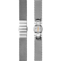 Two Shinola 14mm Stainless Steel Mesh Bracelets are shown side by side; one displays the smooth clasp, while the other reveals the open clasp mechanism with a small orange detail inside.