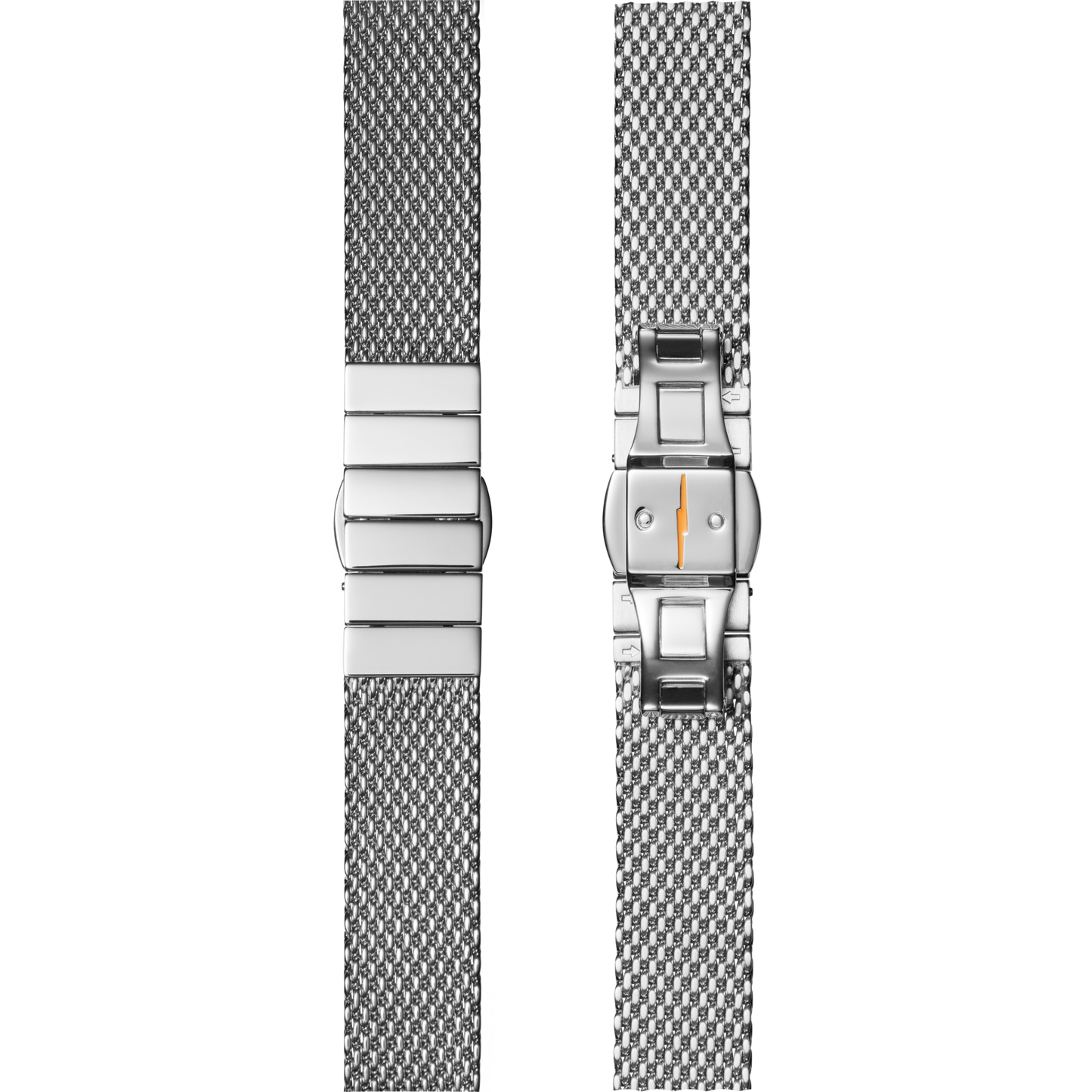 Two Shinola 14mm Stainless Steel Mesh Bracelets are shown side by side; one displays the smooth clasp, while the other reveals the open clasp mechanism with a small orange detail inside.