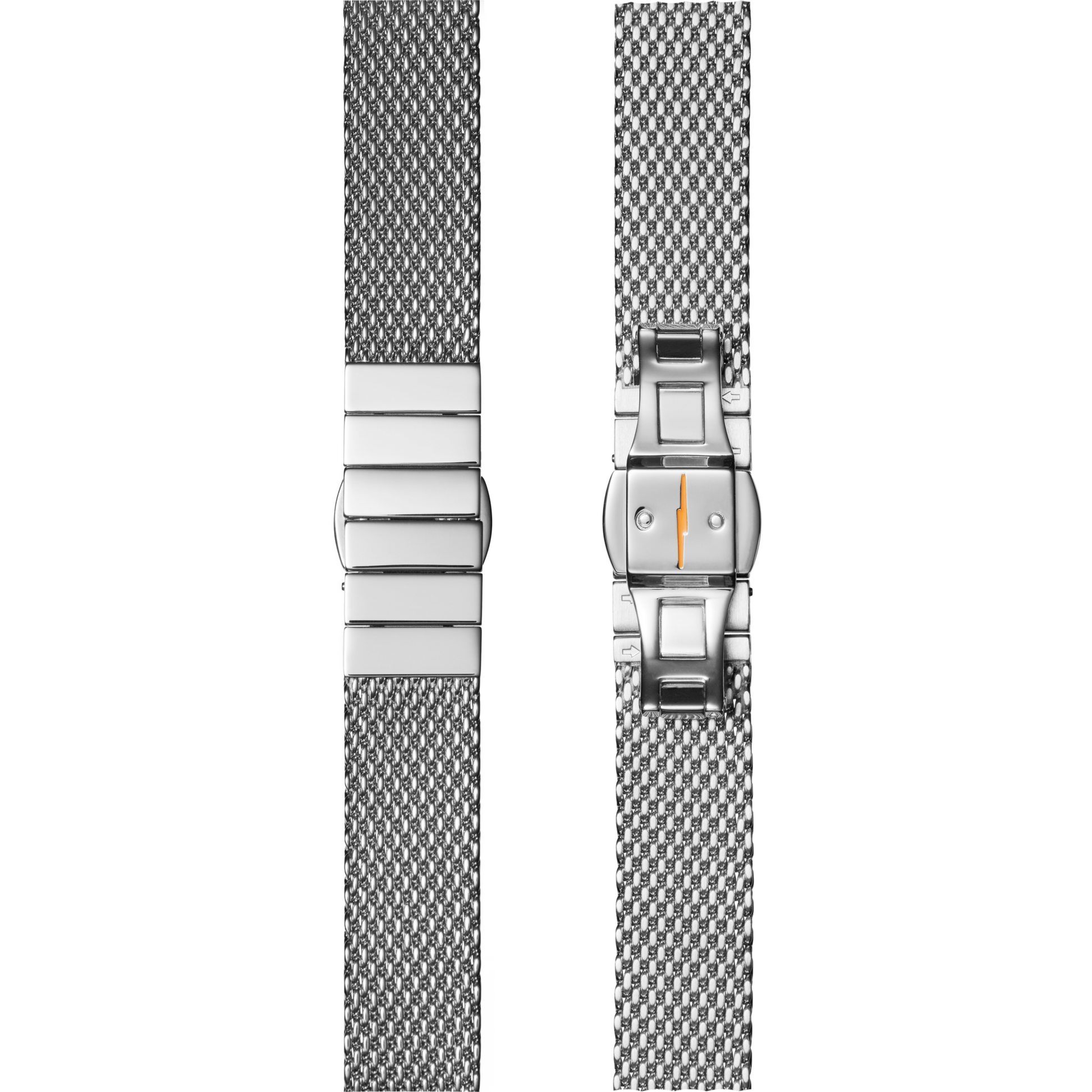 Two Shinola 14mm Stainless Steel Mesh Bracelets are shown side by side; one displays the smooth clasp, while the other reveals the open clasp mechanism with a small orange detail inside.