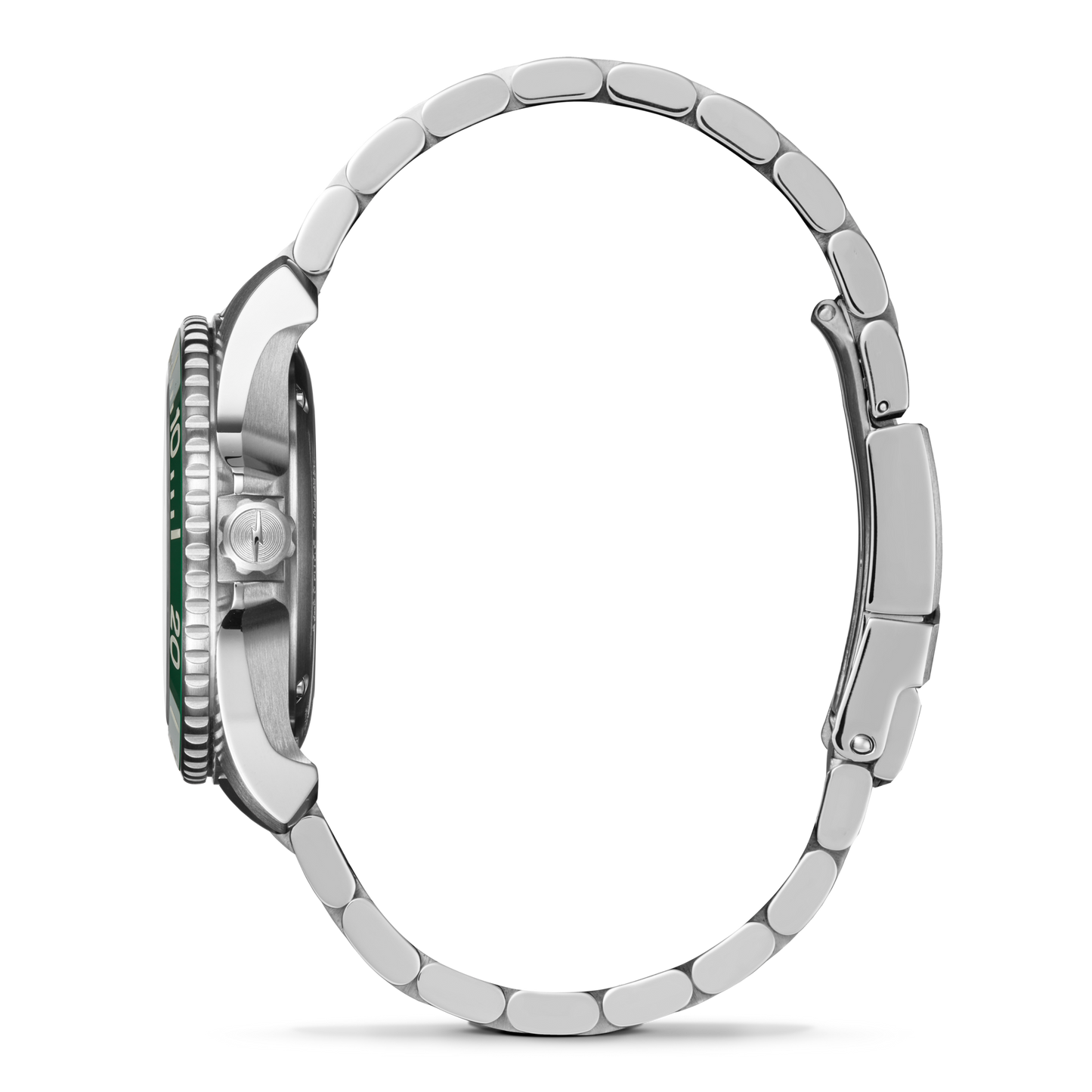 Side view of a silver stainless steel Shinola Lake Ontario Monster Automatic Dive Watch with a link bracelet, highlighting its round case, bezel, and crown against a white background. The watch face is not visible.