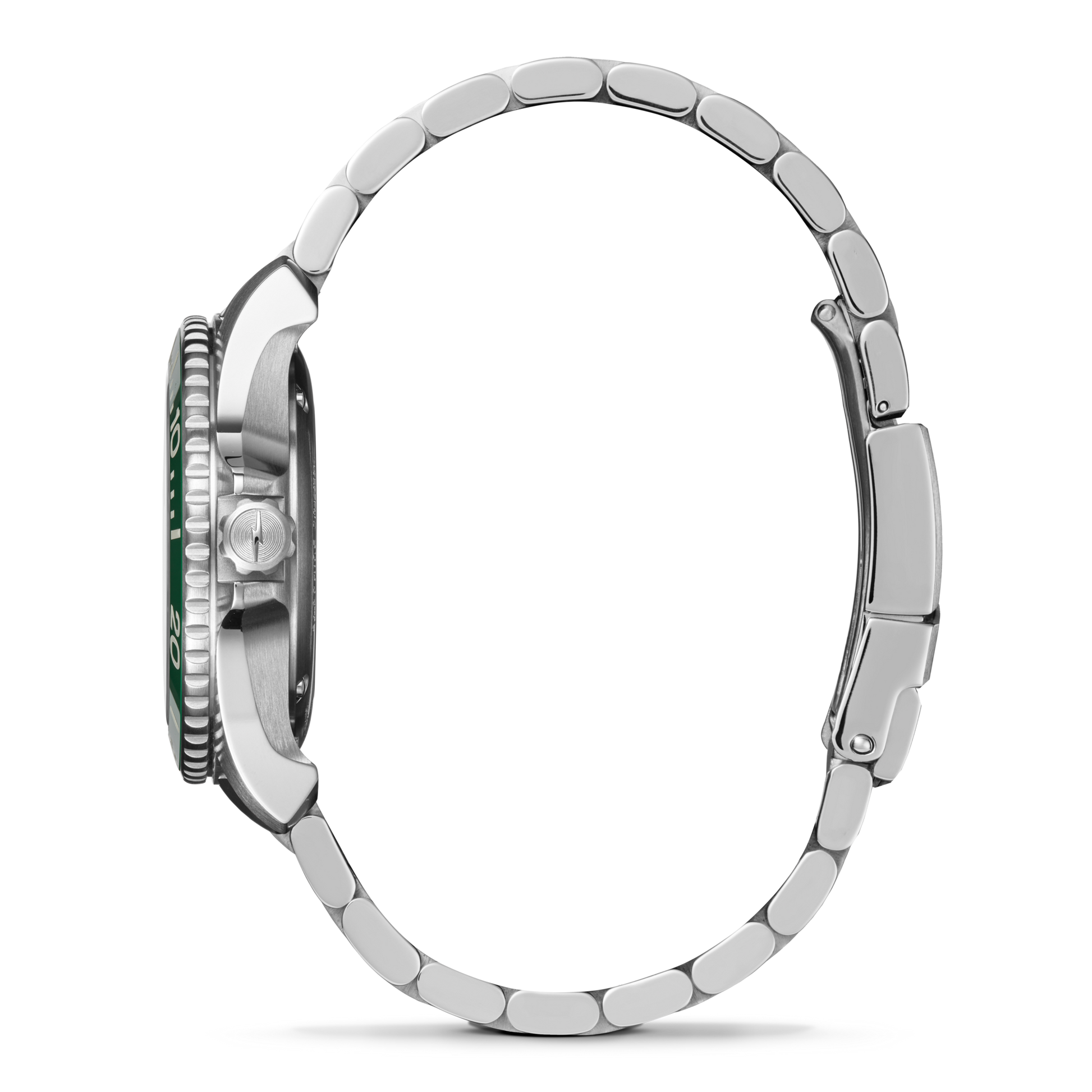 Side view of a silver stainless steel Shinola Lake Ontario Monster Automatic Dive Watch with a link bracelet, highlighting its round case, bezel, and crown against a white background. The watch face is not visible.
