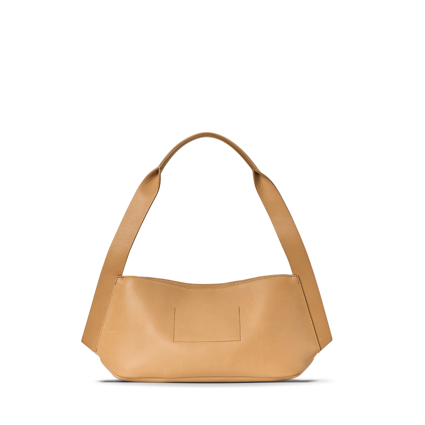 The Shinola Small Derby Shoulder Bag - Honey is a petite natural leather bag with a curved shape, wide straps, and a front pocket—ideal for day to night—shown against a plain white background.