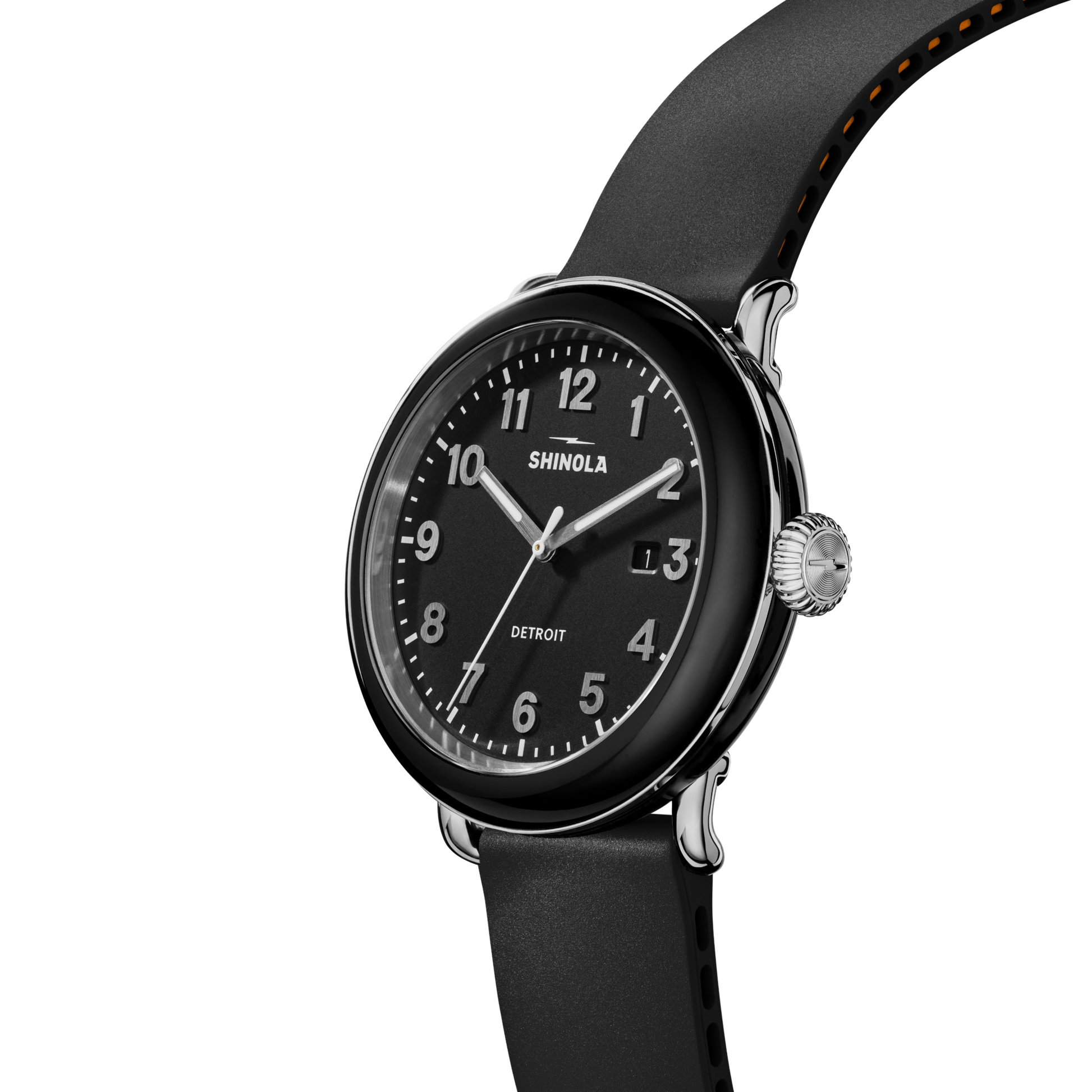 The Shinola Detrola Watch - Black features a round face with white numerals, a black leather strap, small date window between 4 and 5 o’clock, and is shown displaying 10:09 on a plain white background.