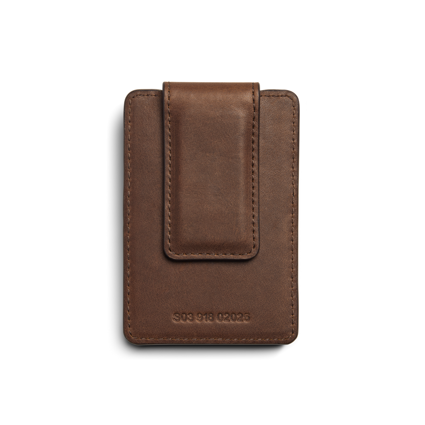 The Shinola Magnetic Money Clip Card Holder in medium brown leather features a stitched border, multiple card slots, a large central flap, and is embossed with S03 918 02026 at the bottom.