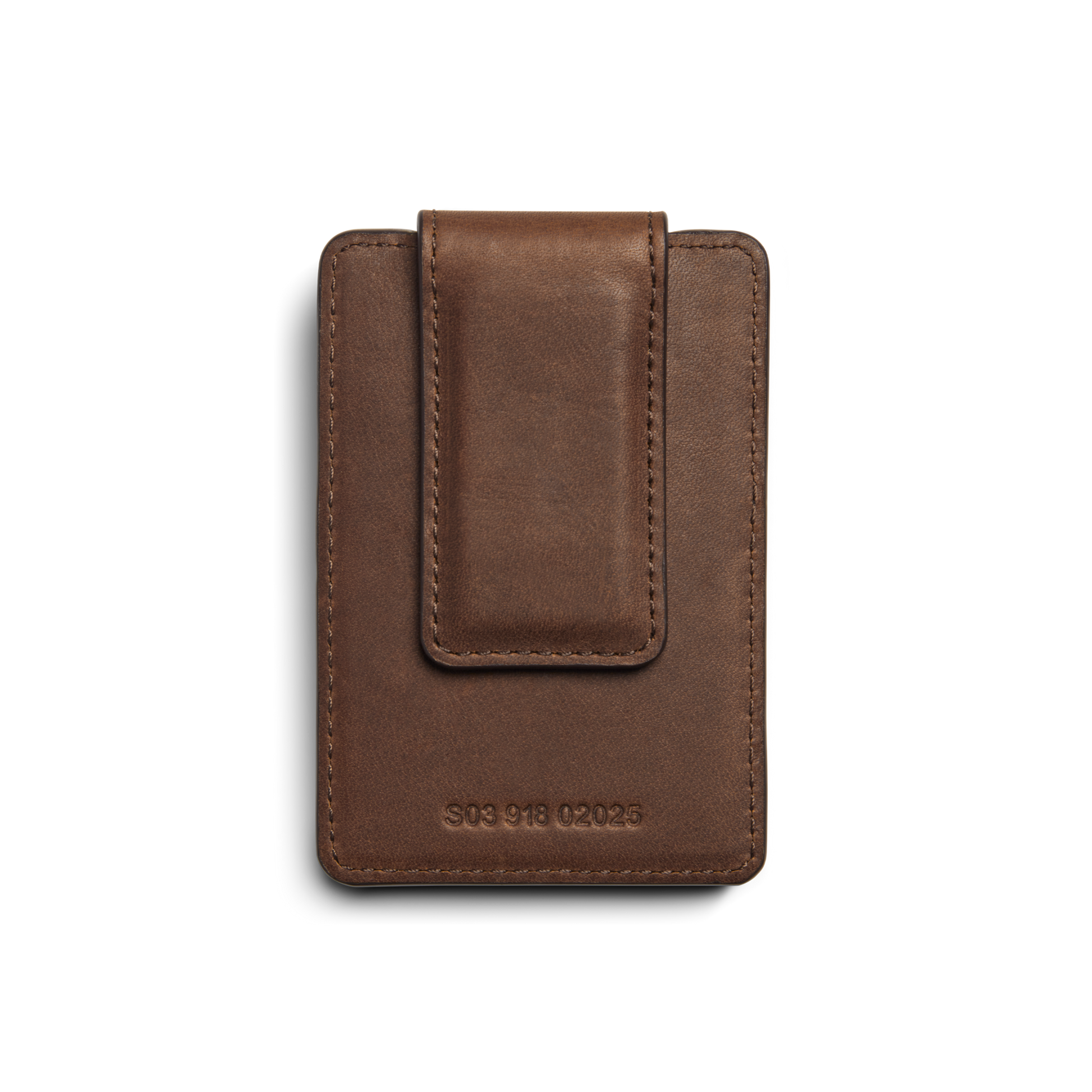 The Shinola Magnetic Money Clip Card Holder in medium brown leather features a stitched border, multiple card slots, a large central flap, and is embossed with S03 918 02026 at the bottom.