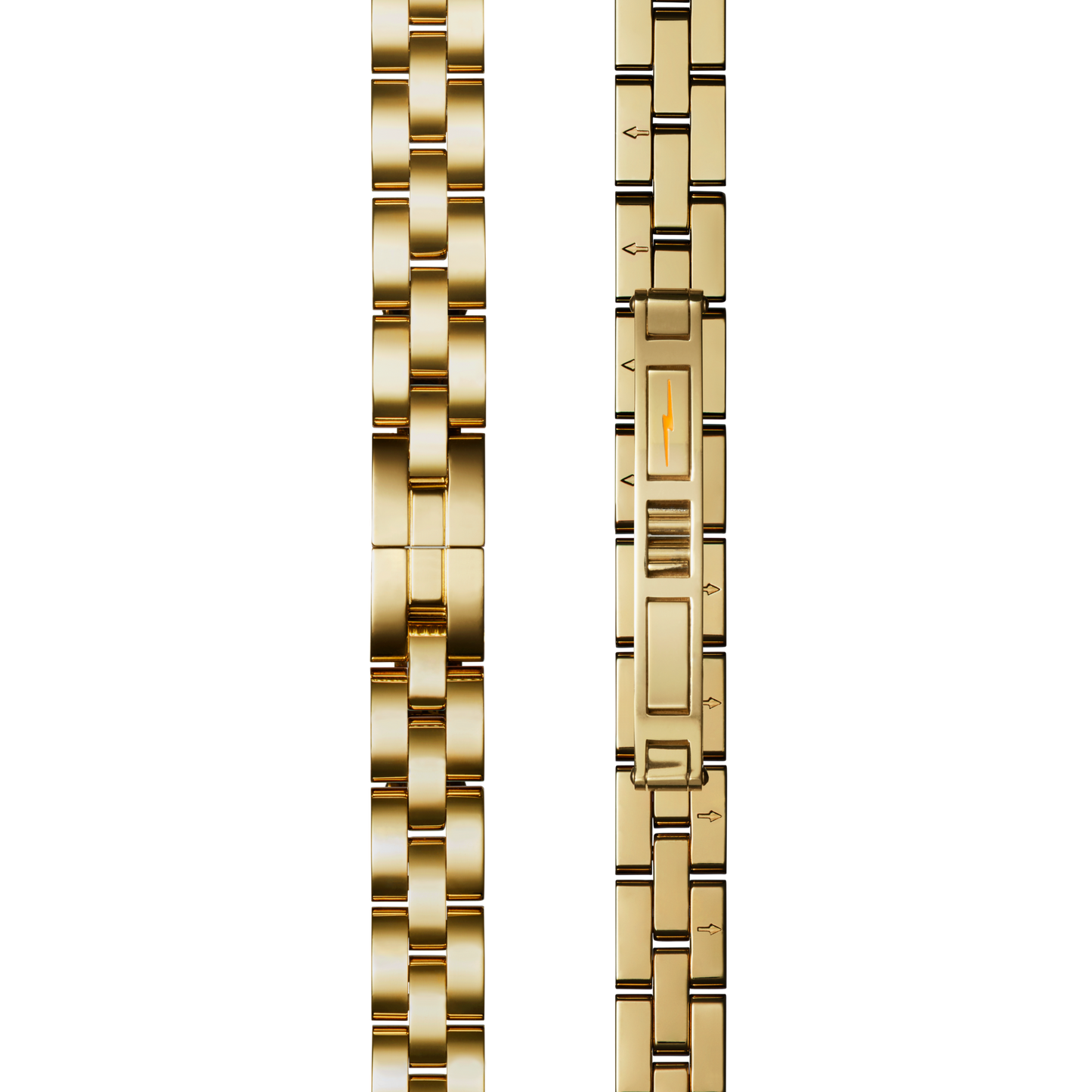 Two views of the Shinola Birdy Watch - Lapis gold metal band: the left shows its smooth, polished exterior, while the right displays the clasp mechanism and adjustment arrows on the inner surface.