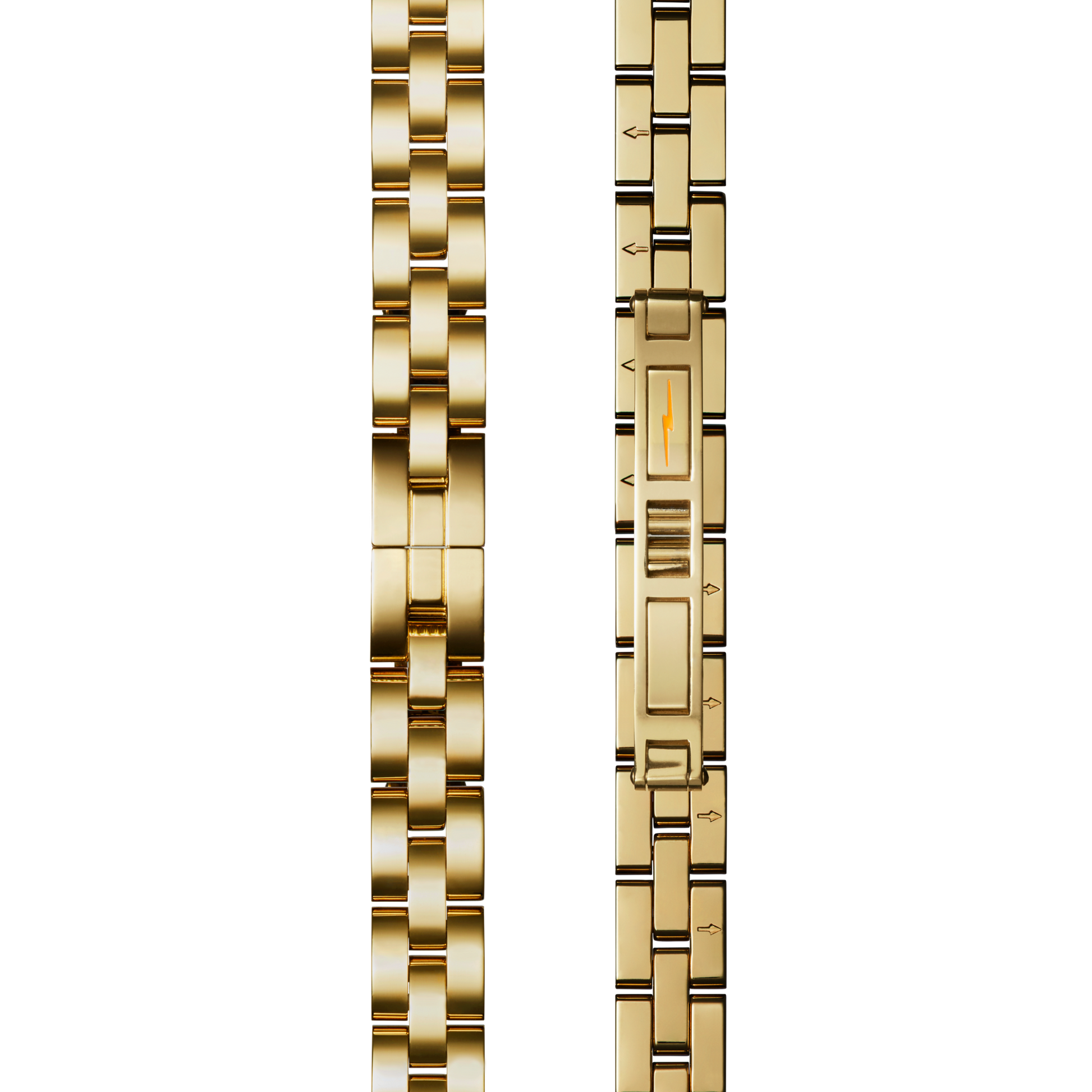 Two views of the Shinola Birdy Watch - Lapis gold metal band: the left shows its smooth, polished exterior, while the right displays the clasp mechanism and adjustment arrows on the inner surface.