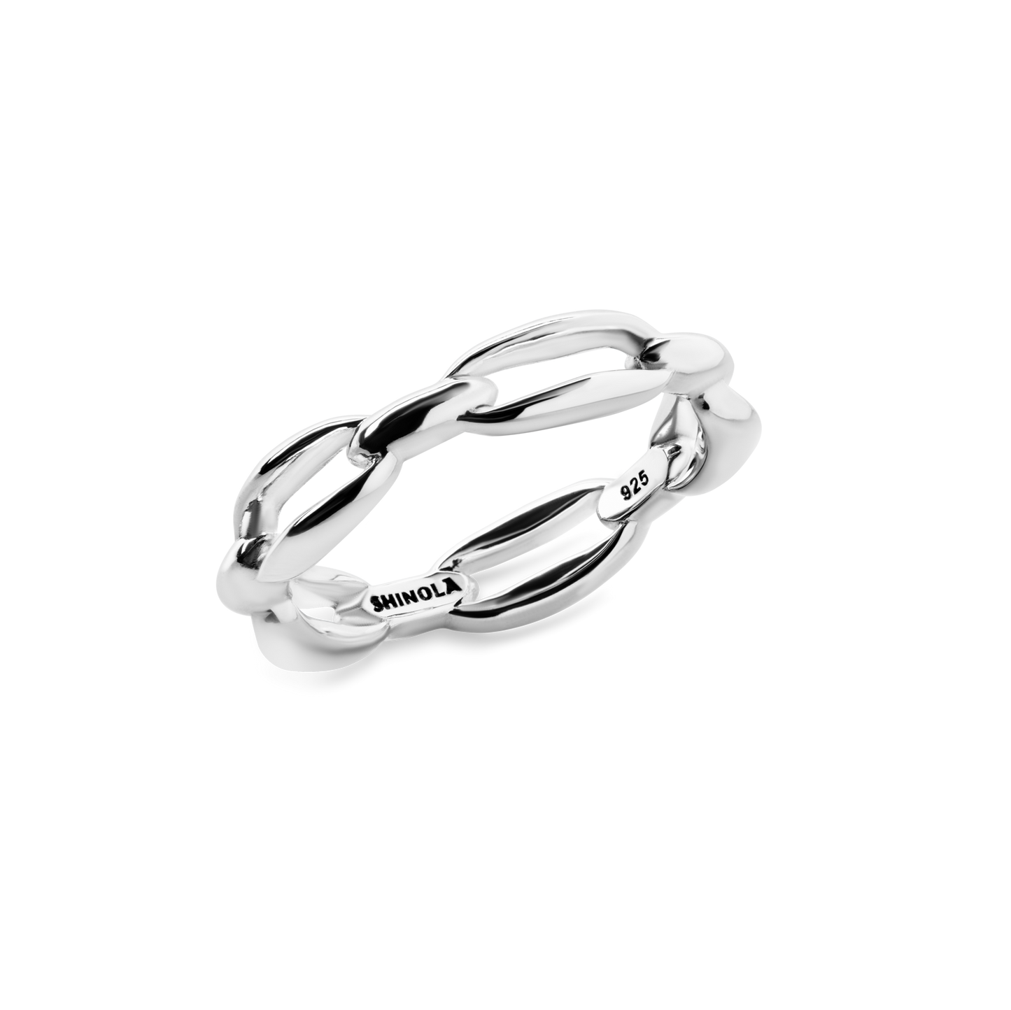 The Shinola Signature Link Ring in polished sterling silver features an open chain-link design and is engraved with SHINOLA and 925 inside, shown on a white background.