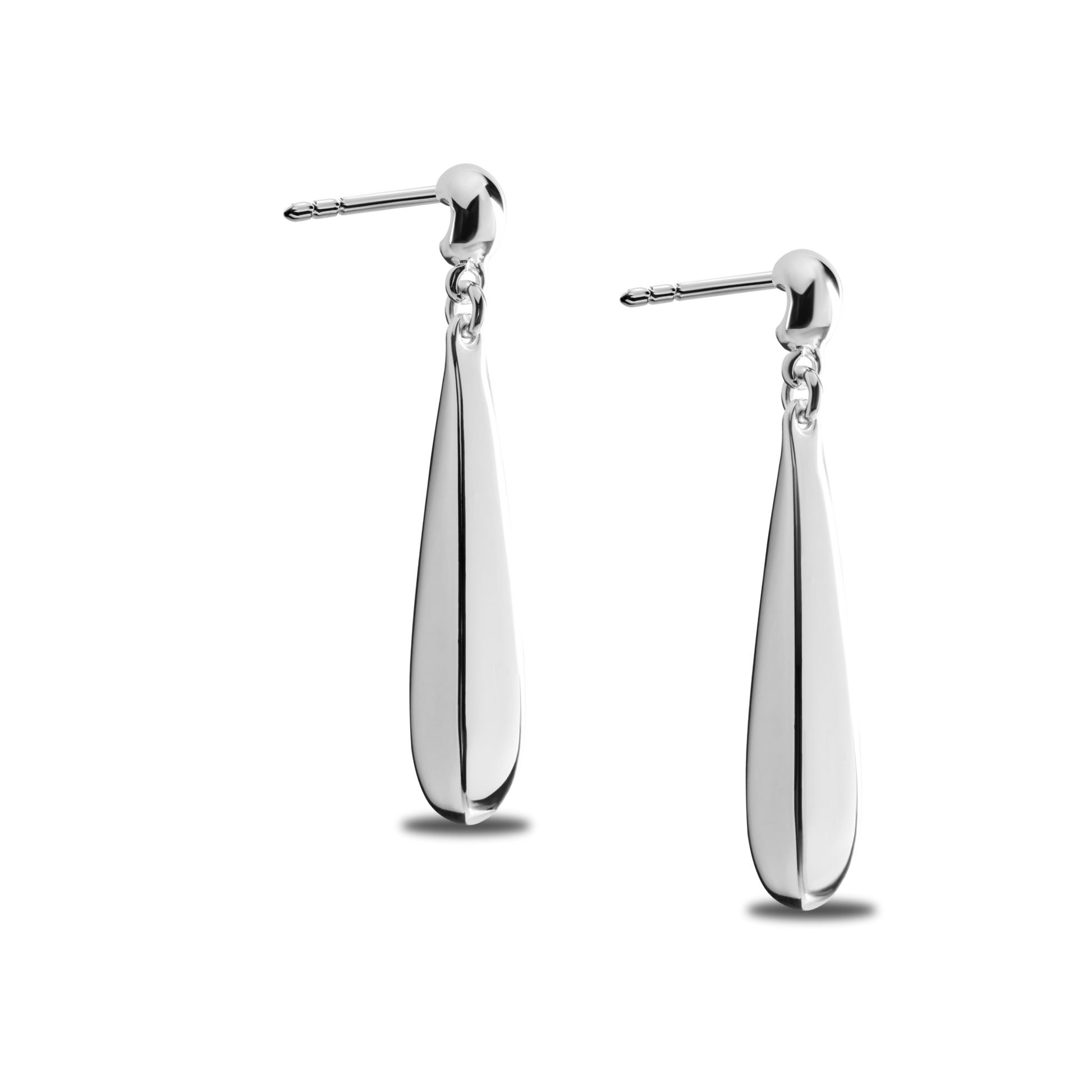 The Shinola Elongated Teardrop Earrings feature polished sterling silver teardrop pendants hanging from round studs, showcased against a plain white background.