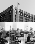 A black-and-white split image captures Detroit heritage: the top half features Shinola’s brick building with an American flag; the bottom shows people in lab coats hand-assembling watches during Shinola Factory Tours.