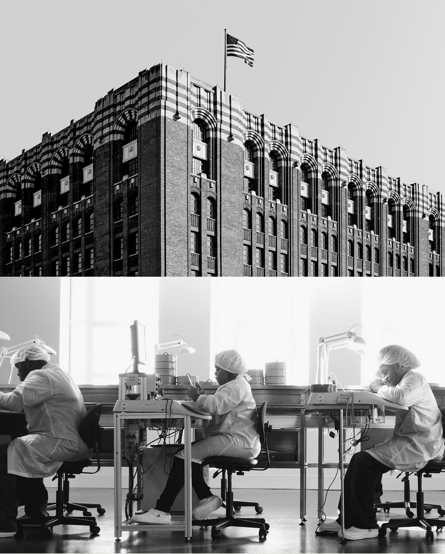 A black-and-white split image captures Detroit heritage: the top half features Shinola’s brick building with an American flag; the bottom shows people in lab coats hand-assembling watches during Shinola Factory Tours.