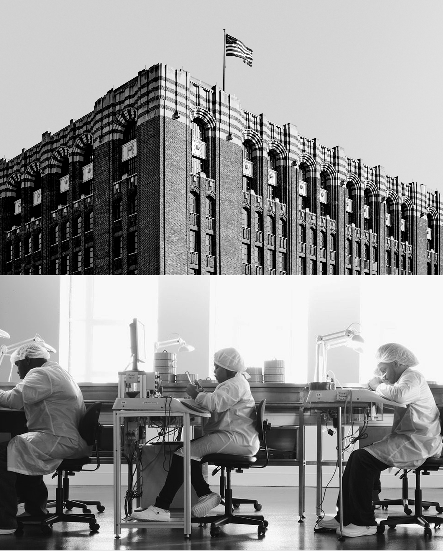 A black-and-white split image captures Detroit heritage: the top half features Shinola’s brick building with an American flag; the bottom shows people in lab coats hand-assembling watches during Shinola Factory Tours.