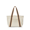 The Shinola Small Easy Canvas Tote - Natural is a cream-colored bag with two long handles and dark blue and orange stripes down the front and sides, ideal for everyday essentials. Shown on a plain white background.