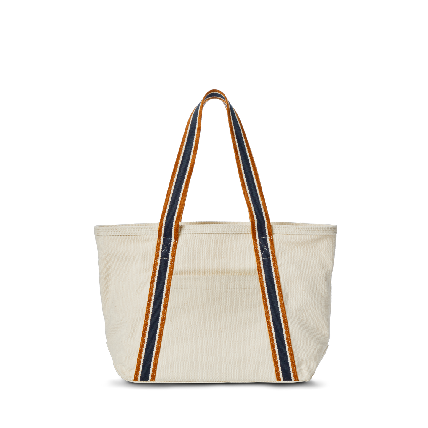 The Shinola Small Easy Canvas Tote - Natural is a cream-colored bag with two long handles and dark blue and orange stripes down the front and sides, ideal for everyday essentials. Shown on a plain white background.