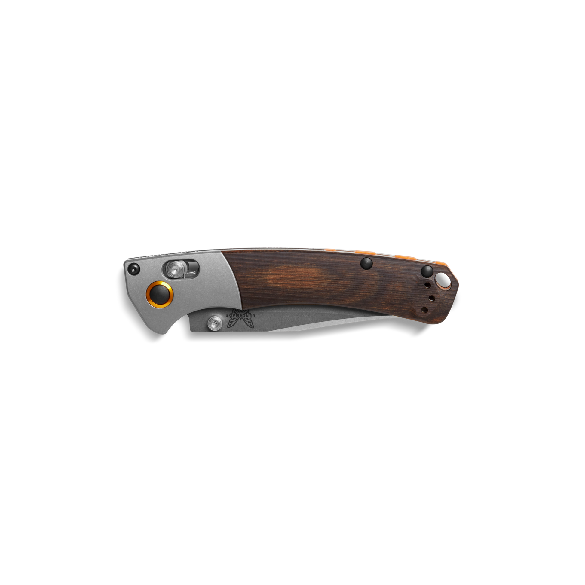 The Shinola + Benchmade Mini Crooked River Pocket Knife—featuring a wood handle, steel blade, metal accents, lanyard hole, and orange details—is perfect for everyday carry. Shown against a white background.