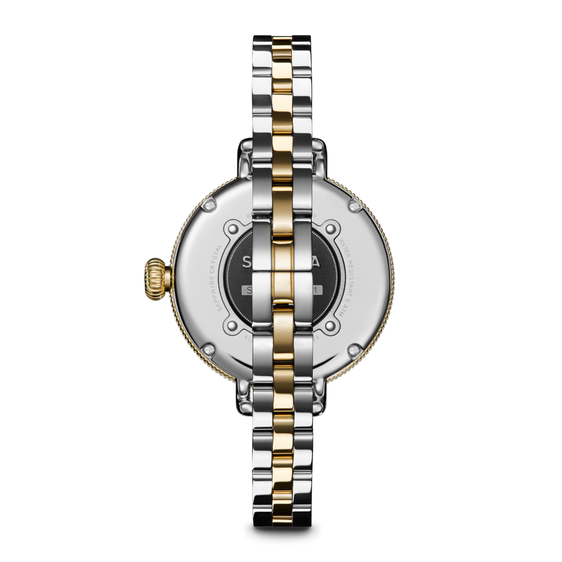 The back view of the Shinola Birdy Watch - Petoskey showcases its round case, visible screws on the case back, and a two-tone gold and stainless steel band, crafted in Detroit.