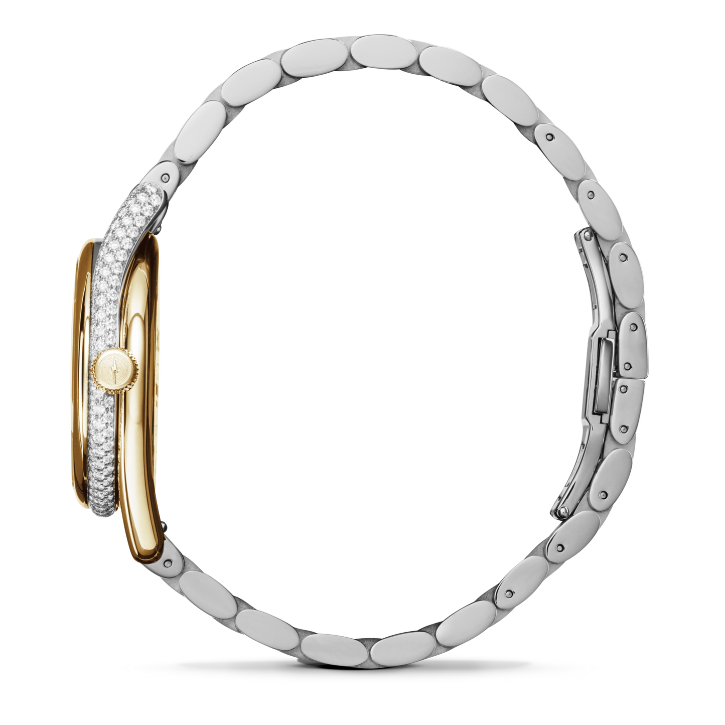 Side view of the Shinola Diamond Derby Watch with a silver and gold bracelet, gold case, and diamond index dial. Sparkling diamonds edge the face of this elegant two-tone women’s watch, shown on a plain white background.