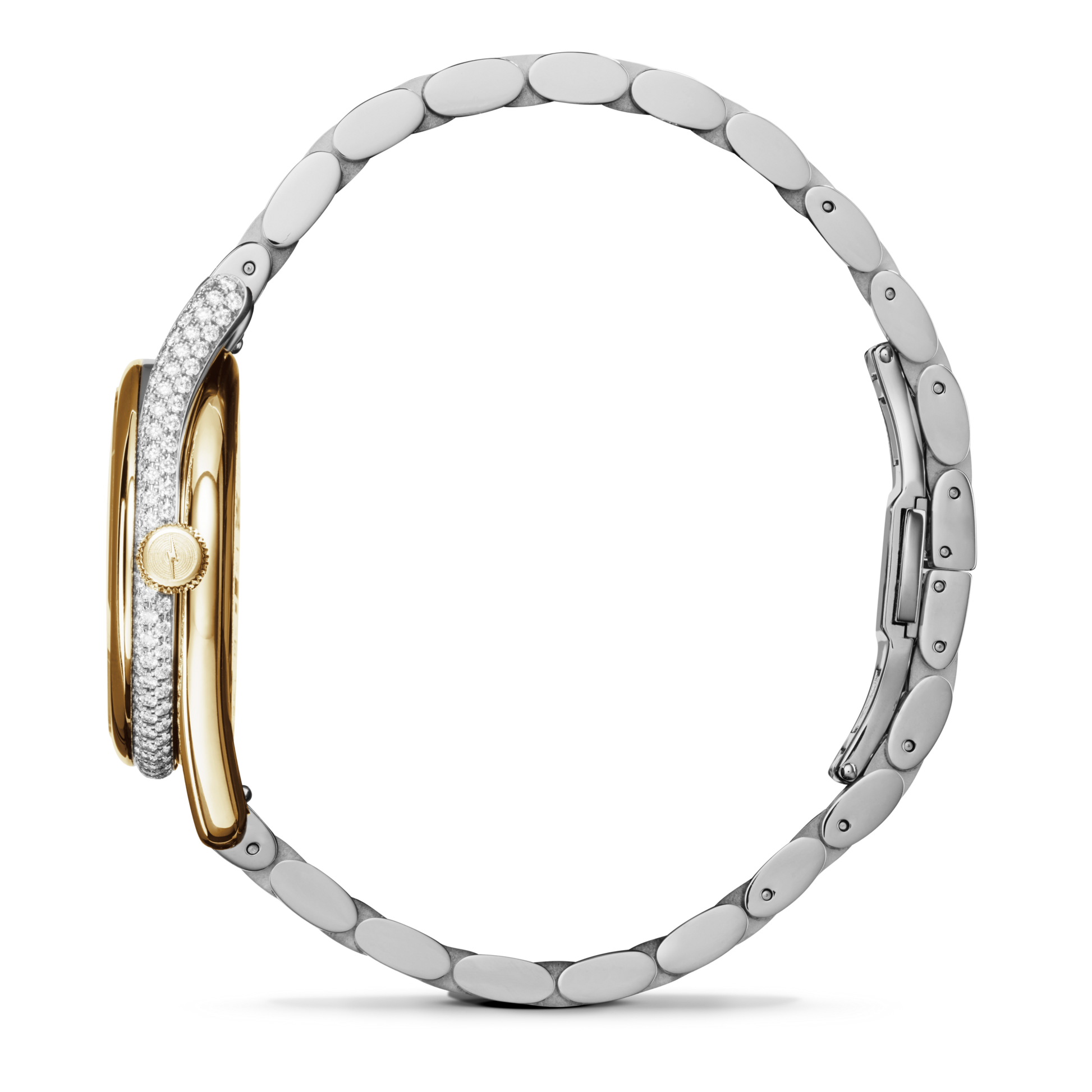 Side view of the Shinola Diamond Derby Watch with a silver and gold bracelet, gold case, and diamond index dial. Sparkling diamonds edge the face of this elegant two-tone women’s watch, shown on a plain white background.