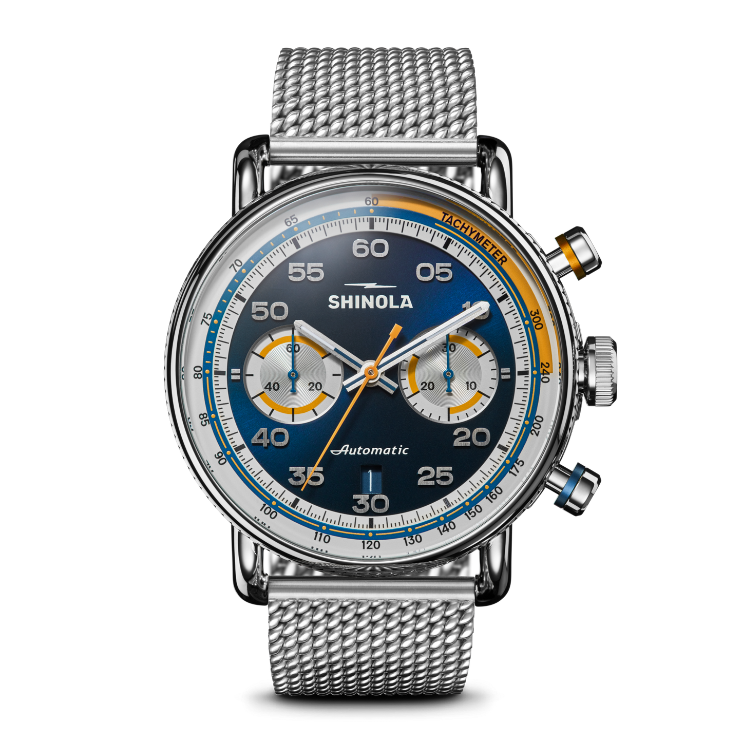 The Shinola Canfield Speedway Open Road Automatic Chronograph Watch features a blue gradient dial with two subdials, orange and blue accents, a tachymeter bezel, Swiss movement, silver mesh band, and elegant silver hands and hour markers.