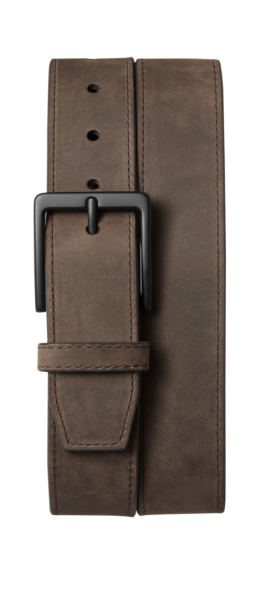 The Shinola 1 1/2" Utility Belt in dark brown showcases rich nubuck leather, visible stitching, five holes, and a matte black rectangular buckle. It's rolled up with the buckle facing forward for display.
