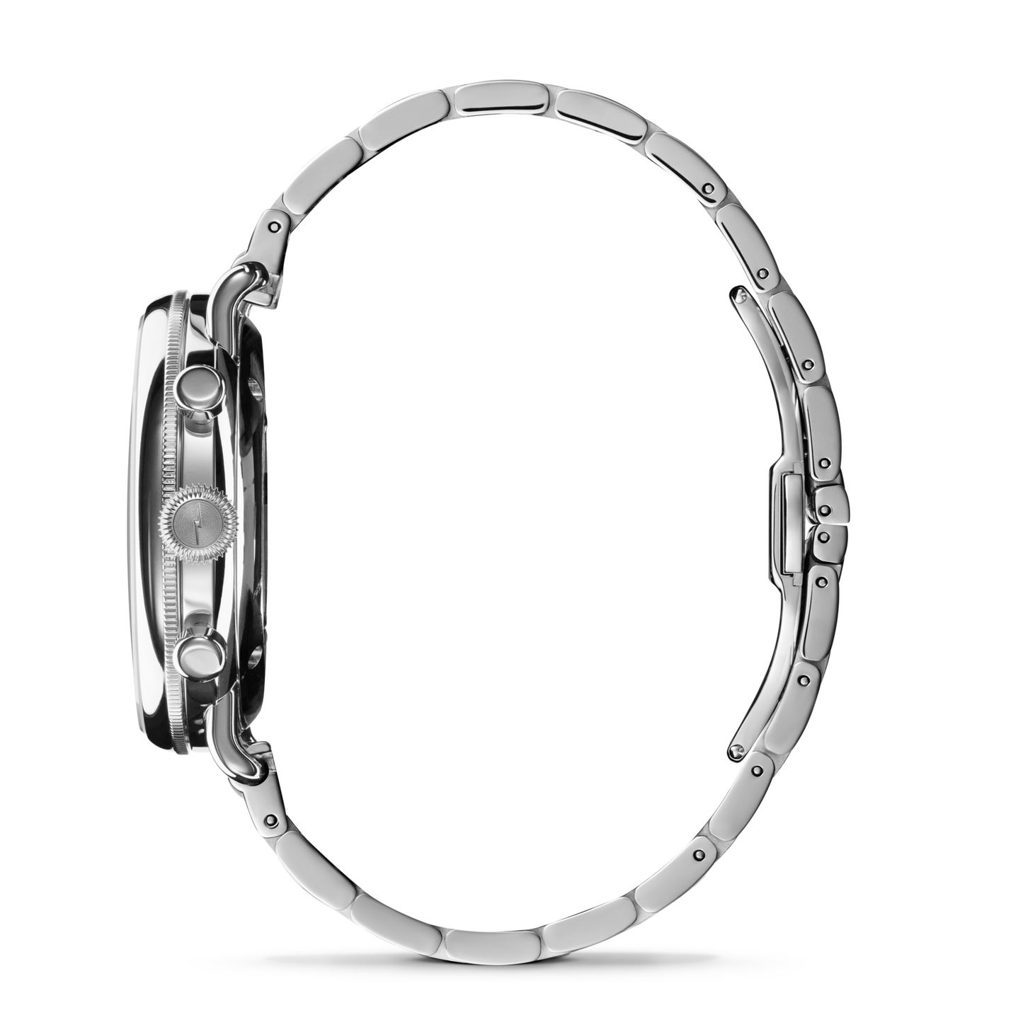 Side view of the Shinola Canfield Chronograph Watch - Dark Olive, featuring a stainless steel round case, crown, pushers, and open metal link bracelet with clasp and slim profile, shown against a white background.