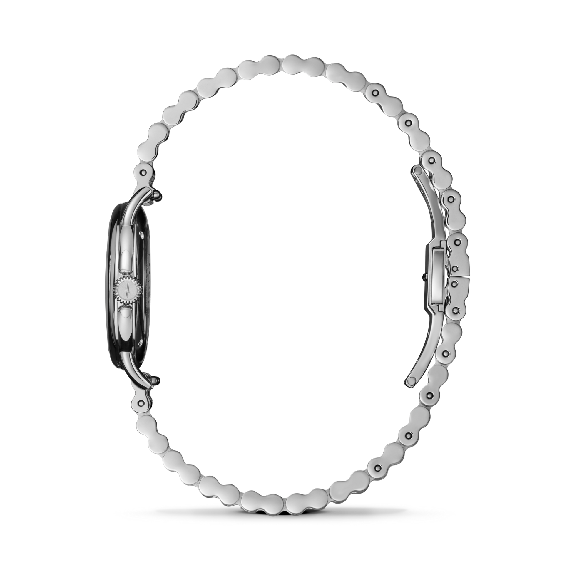 Side view of the Shinola Runabout Watch - MOP Diamond with a thin silver metal band and small round crown, set against a white background. The diamond-adorned watch face is not visible.