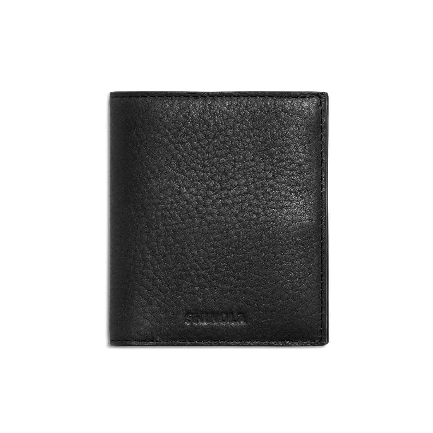 The Shinola Coin Bifold - Black is a slim wallet made from Natural Grain Leather, featuring a textured surface and the SHINOLA logo subtly embossed near the bottom on a plain white background.
