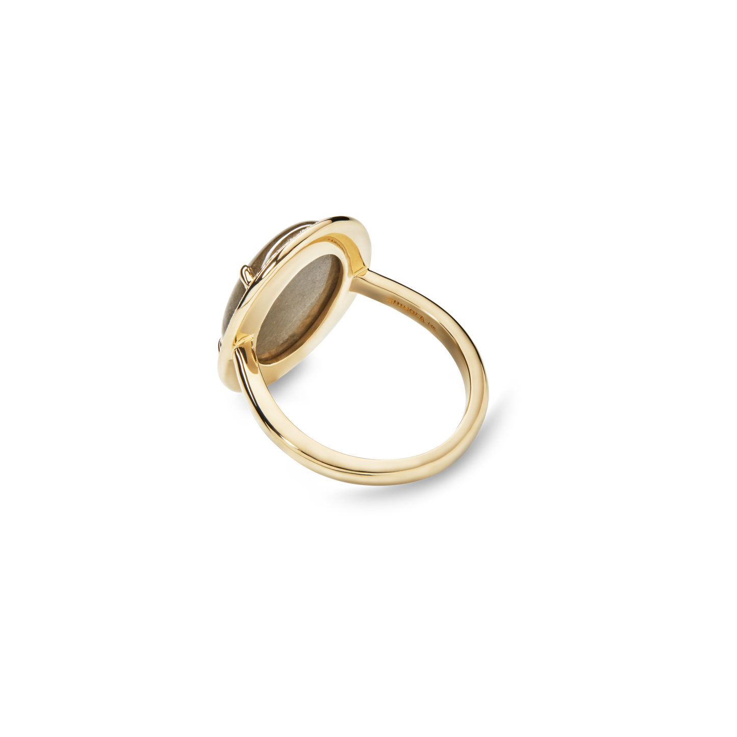 The Shinola Diamond Pave Oval Petoskey Ring in 14k yellow gold features a flat oval Petoskey stone setting, viewed from the back to reveal the smooth band and stone underside against a plain white background.