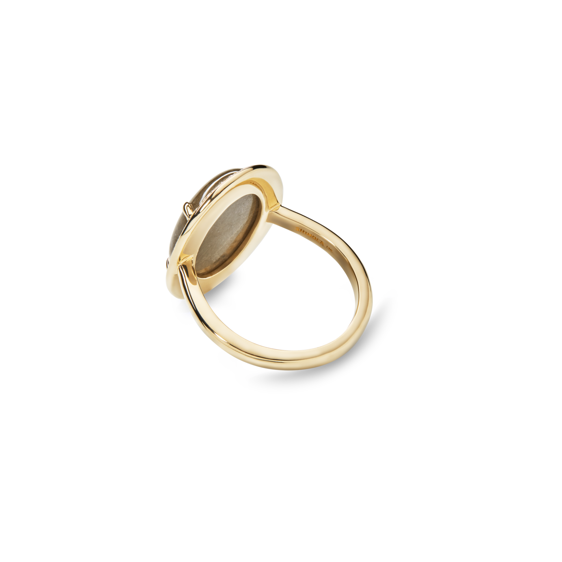 The Shinola Diamond Pave Oval Petoskey Ring in 14k yellow gold features a flat oval Petoskey stone setting, viewed from the back to reveal the smooth band and stone underside against a plain white background.