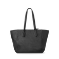 The Shinola Runabout Tote Bag - Black is a pebbled leather tote with two long shoulder straps, a minimalist design, and a matching zipper pouch, shown against a plain white background.