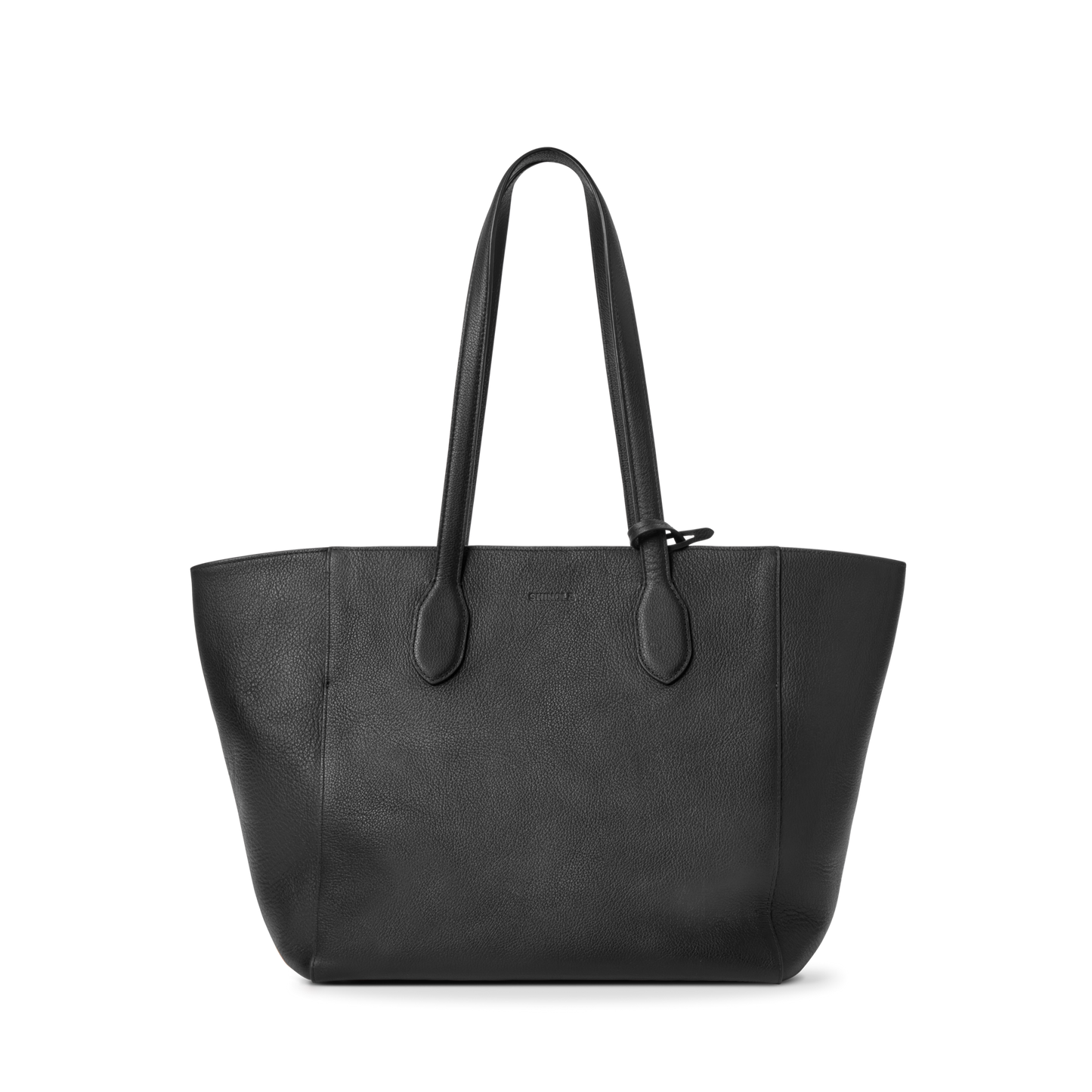 The Shinola Runabout Tote Bag - Black is a pebbled leather tote with two long shoulder straps, a minimalist design, and a matching zipper pouch, shown against a plain white background.