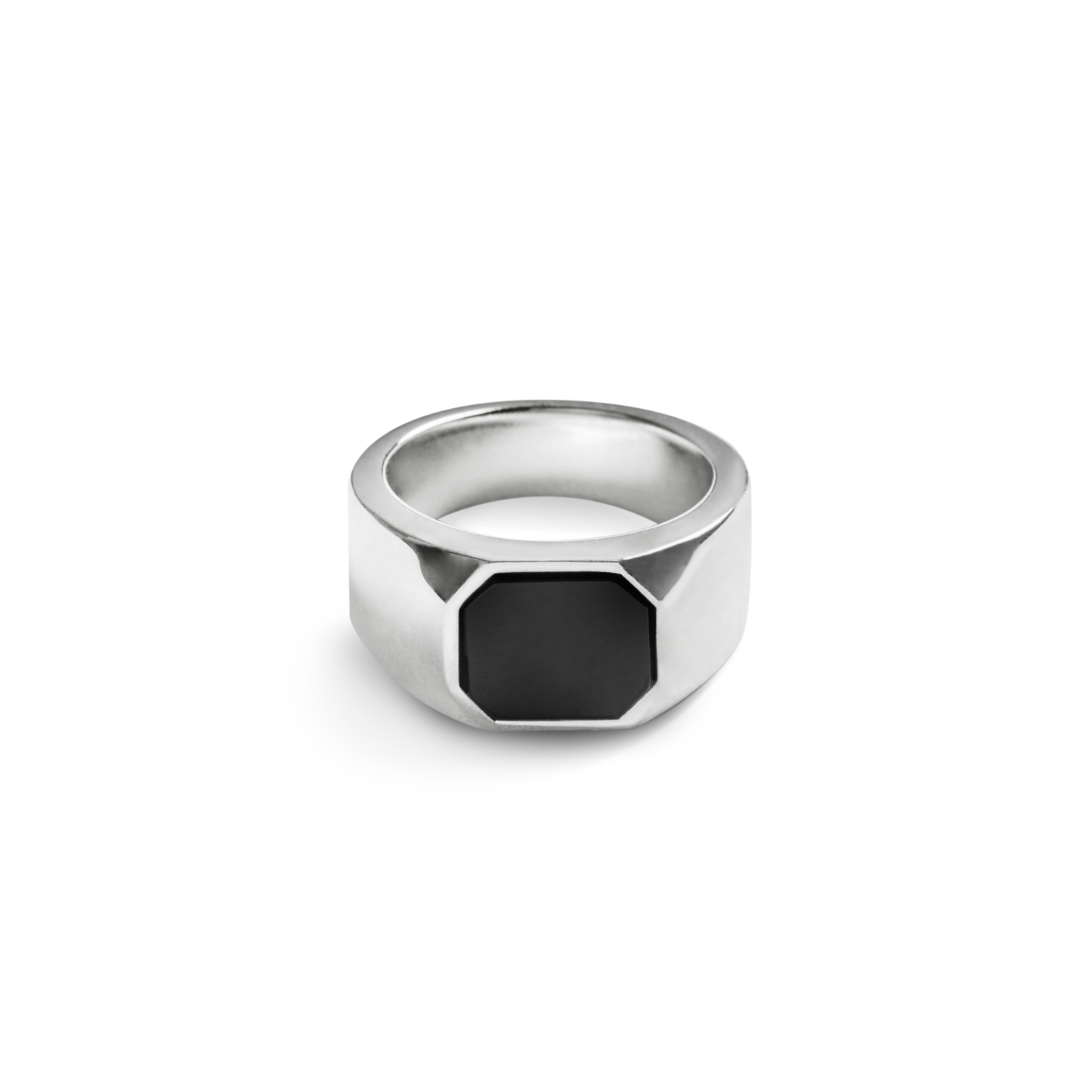 The Shinola Octagonal Onyx Signet Ring - Sterling Silver features a wide band and a central octagonal Black Onyx stone, showcased on a plain white background.