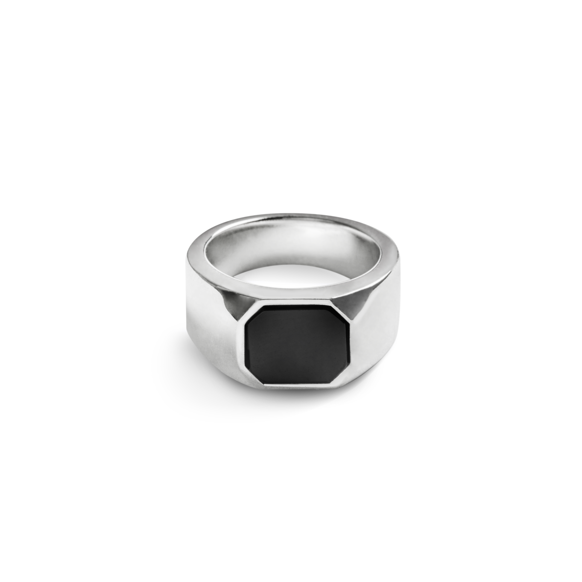 The Shinola Octagonal Onyx Signet Ring - Sterling Silver features a wide band and a central octagonal Black Onyx stone, showcased on a plain white background.