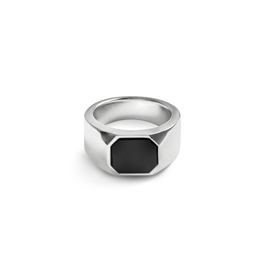 The Shinola Octagonal Onyx Signet Ring - Sterling Silver features a wide band and a central octagonal Black Onyx stone, showcased on a plain white background.