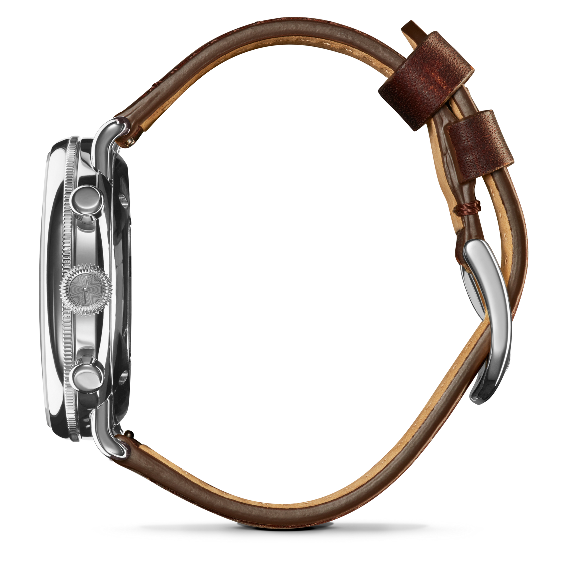 A side view of the Shinola Canfield Chronograph Watch with a round silver case, two push buttons, crown, and a brown cattail leather strap with metal buckle, displayed against a white background.