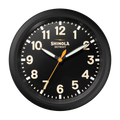 The Shinola 14" Runwell Clock - Black features a matte black dial with white numbers and hands, an orange second hand, Runwell Wall Clock branding, and displays the time 10:10:32.