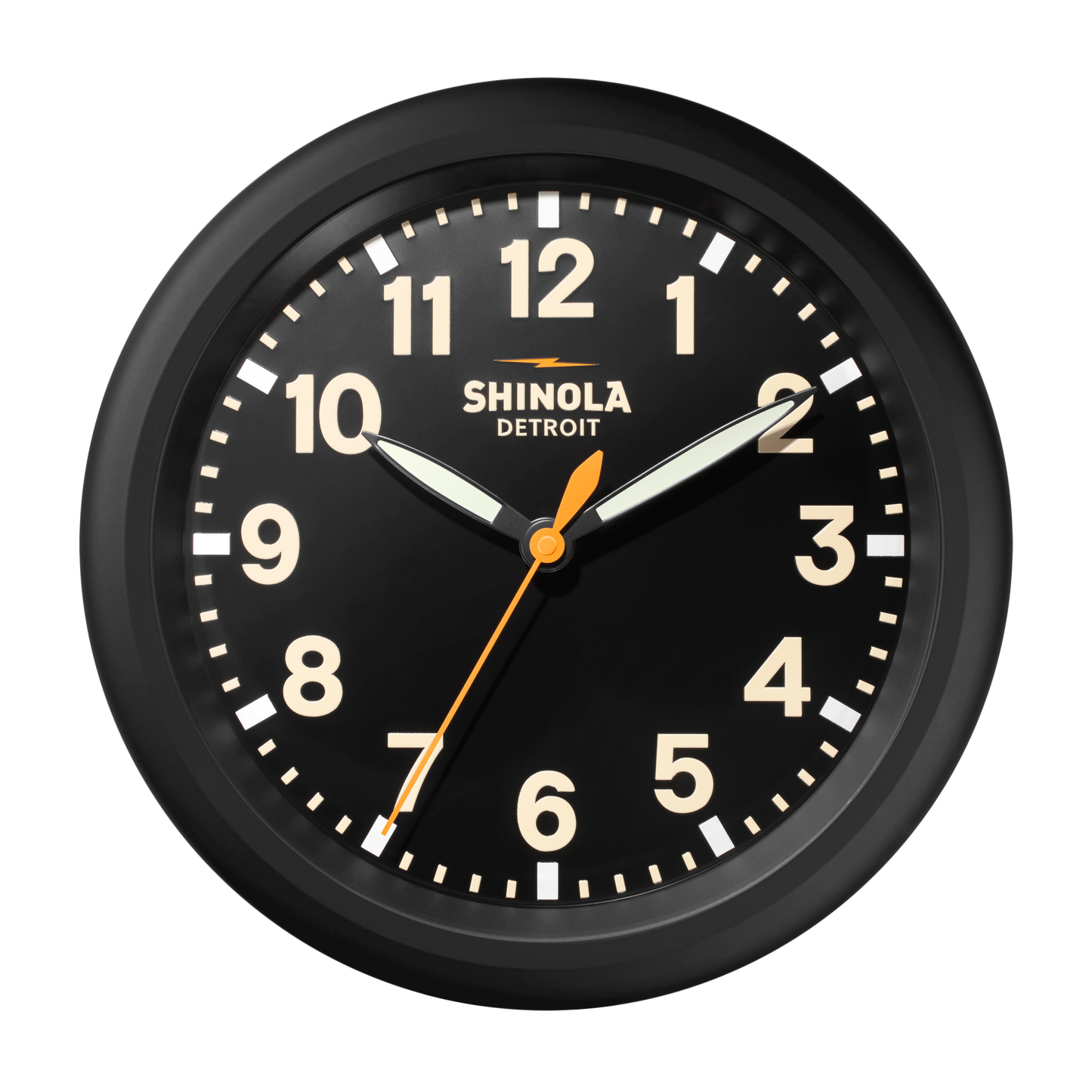 The Shinola 14" Runwell Clock - Black features a matte black dial with white numbers and hands, an orange second hand, Runwell Wall Clock branding, and displays the time 10:10:32.