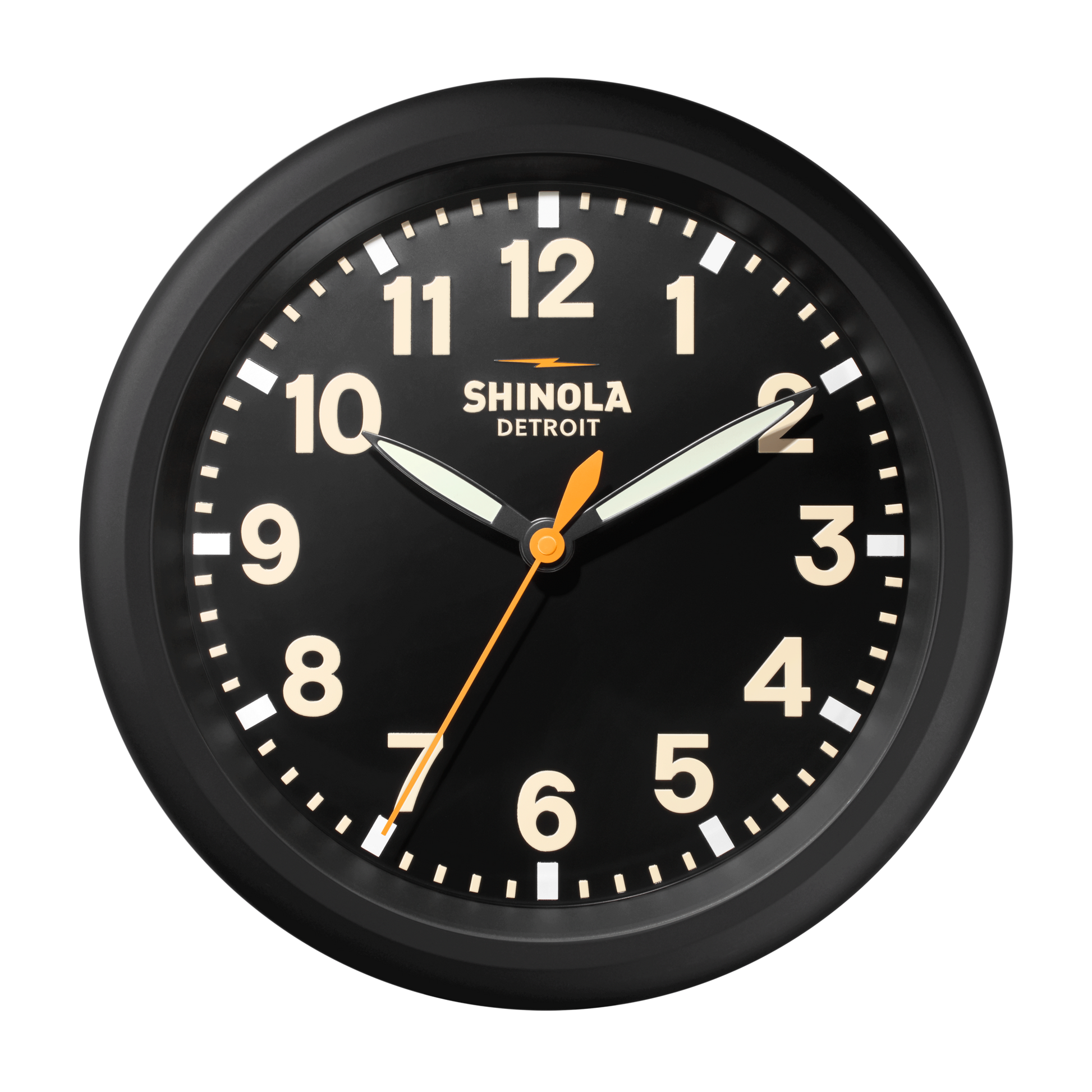 The Shinola 14" Runwell Clock - Black features a matte black dial with white numbers and hands, an orange second hand, Runwell Wall Clock branding, and displays the time 10:10:32.