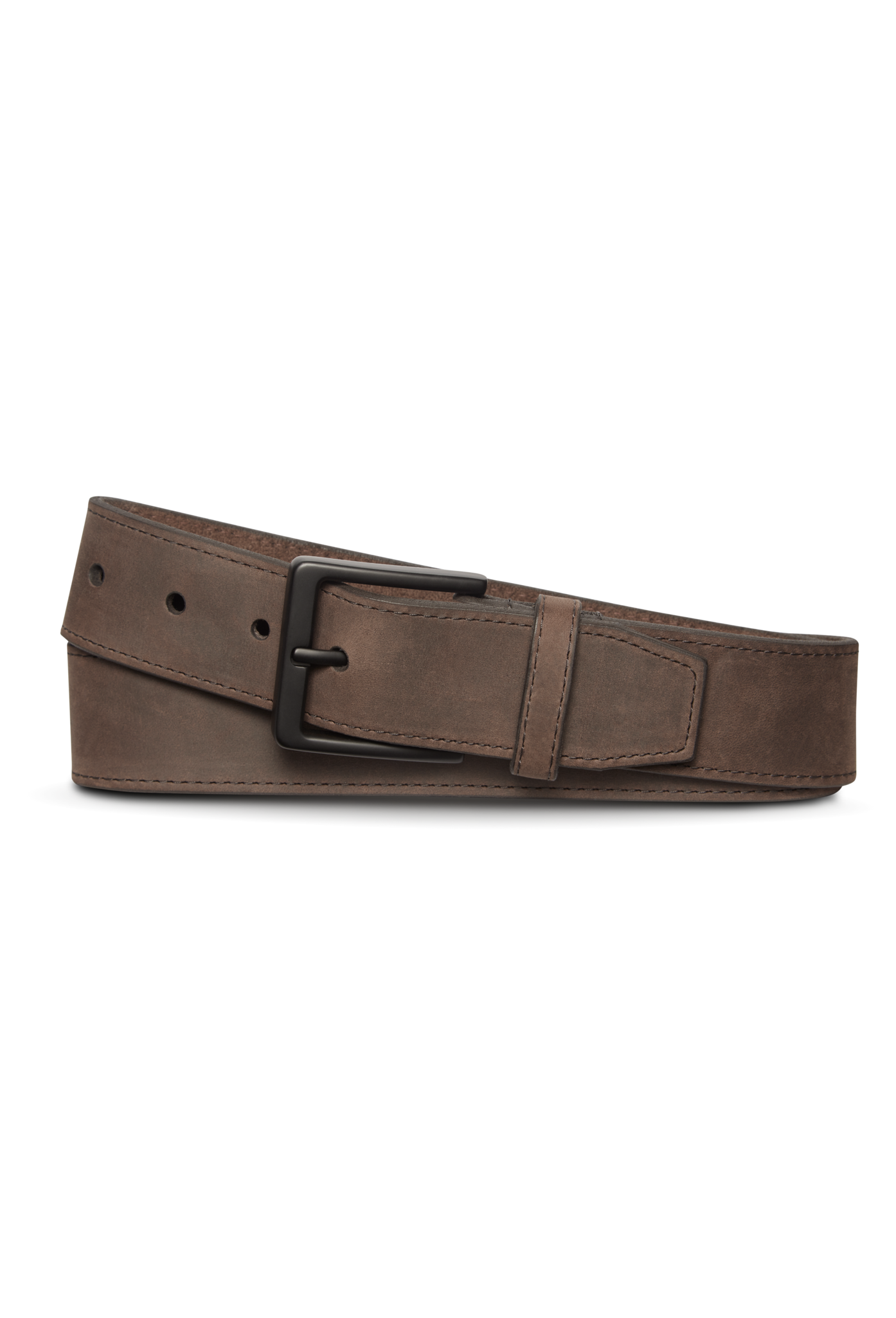 The Shinola 1 1/2" Utility Belt in dark brown nubuck leather features a matte black rectangular buckle, shown coiled flat on a white background.