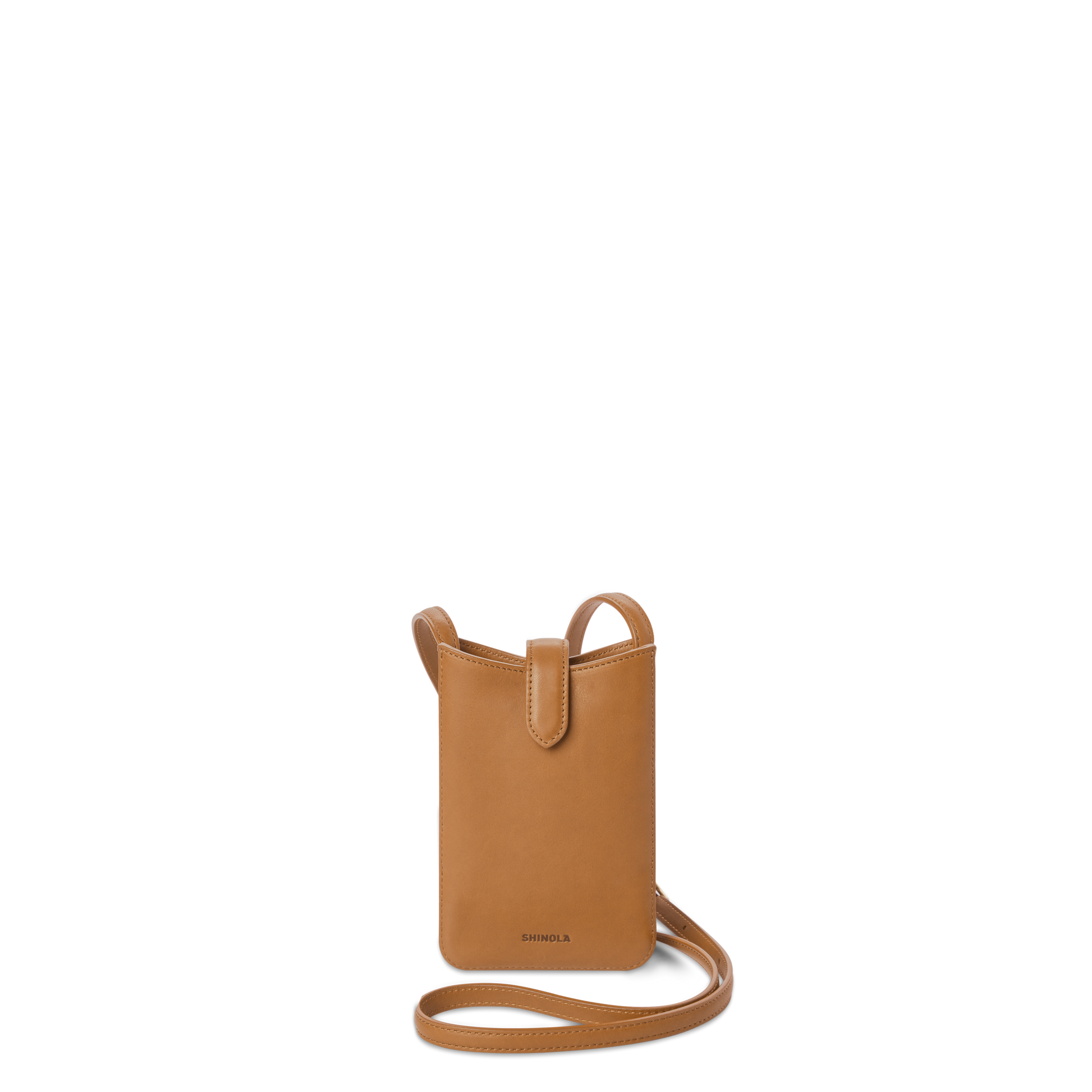 The Bixby Phone Crossbody by Shinola in tan natural leather features a minimalist design, thin shoulder strap, and subtle embossed branding—ideal for traveling light. Shown on a plain white background.