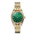 The Shinola Derby Watch - Malachite features a gold stainless steel case, malachite dial, gold hour markers and hands, and a gold link bracelet. Assembled in Detroit, the watch displays the Shinola brand on its face.