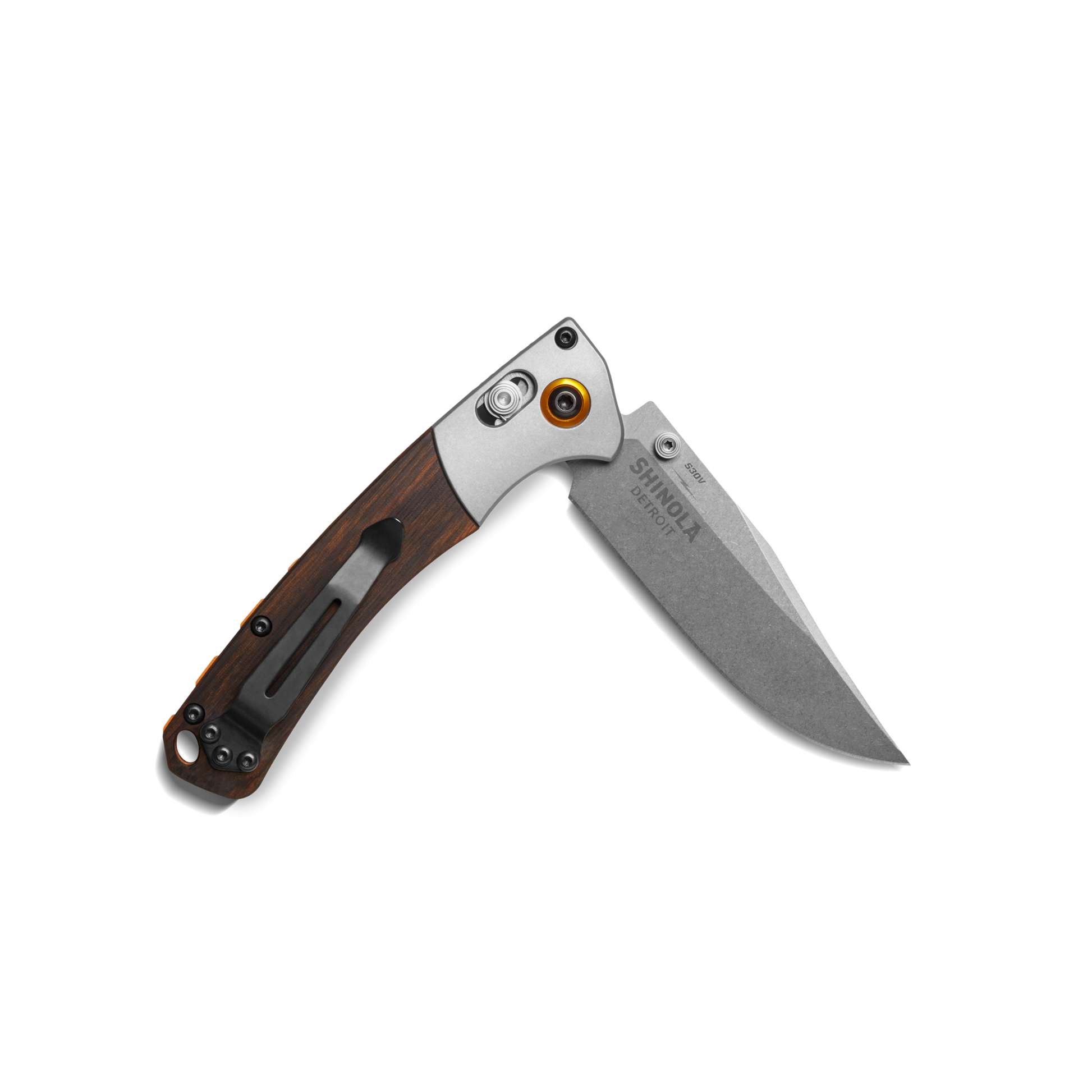 The Shinola + Benchmade Mini Crooked River Pocket Knife - Steel by Shinola features a wood handle, partially open stainless steel blade, metal hardware, and belt clip, displayed against a plain white background.
