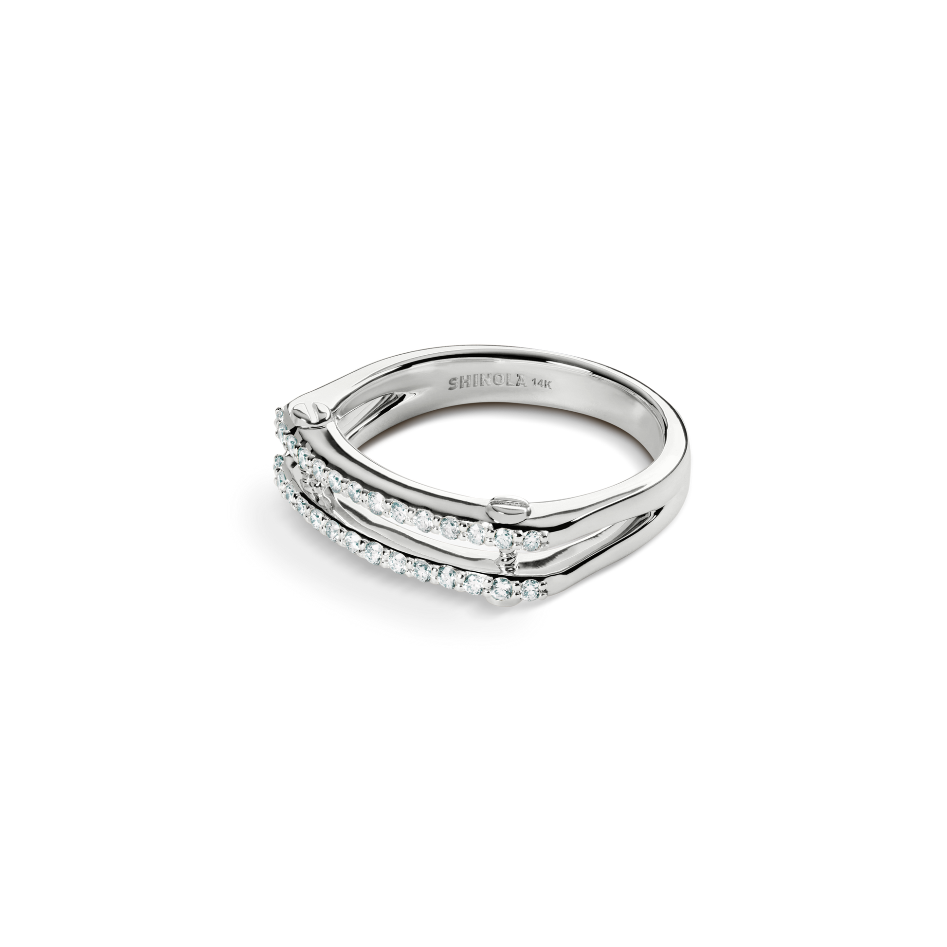The Shinola Diamond Pave Rivet Double Row Ring in white gold showcases two parallel rows of pavé-set diamonds in a modern split band design, elegantly displayed against a plain white background.