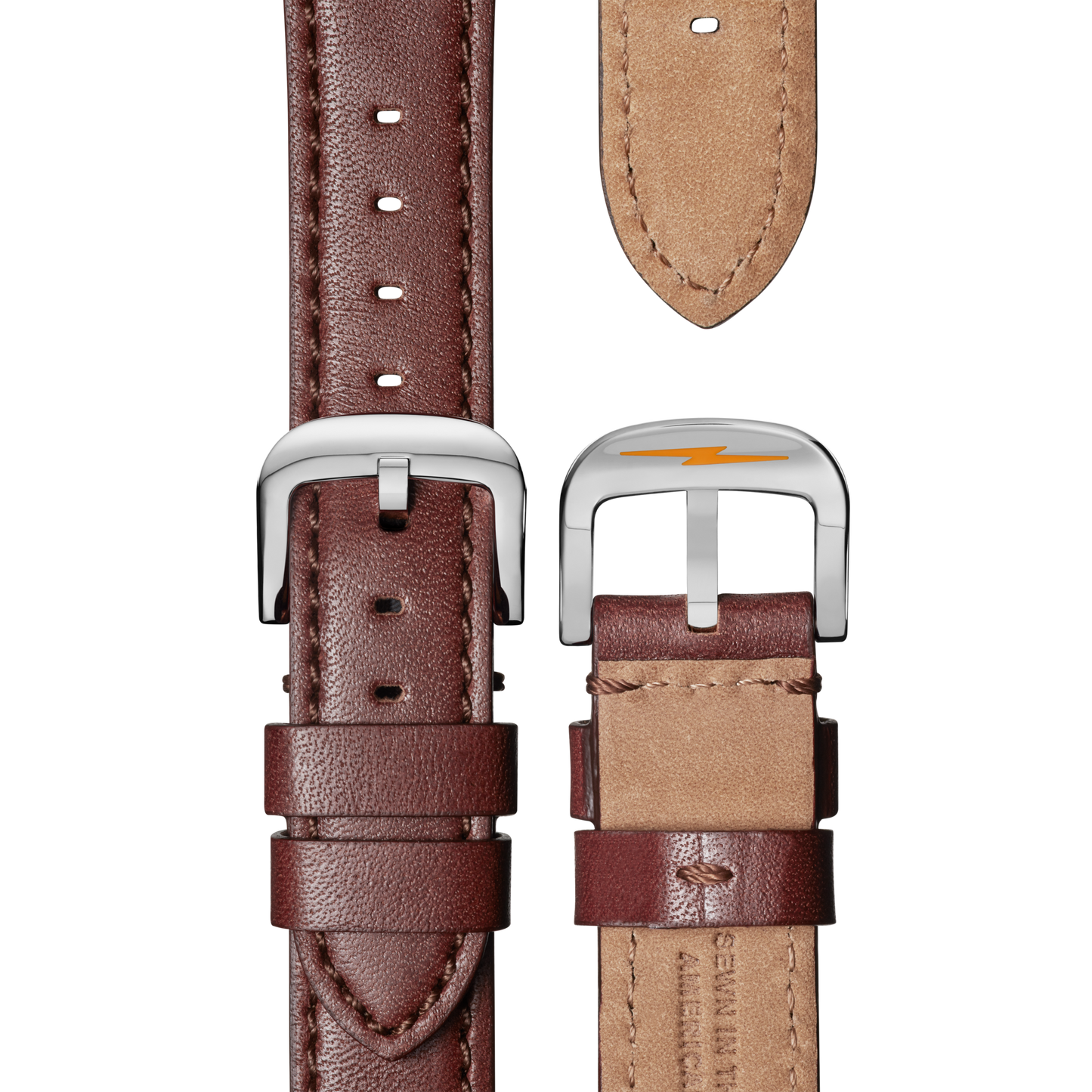 The Shinola Canfield Sport Chronograph Watch in Midnight Blue features a brown leather strap with a silver buckle featuring a yellow lightning bolt detail. Both front and back views highlight the light tan underside of the strap.
