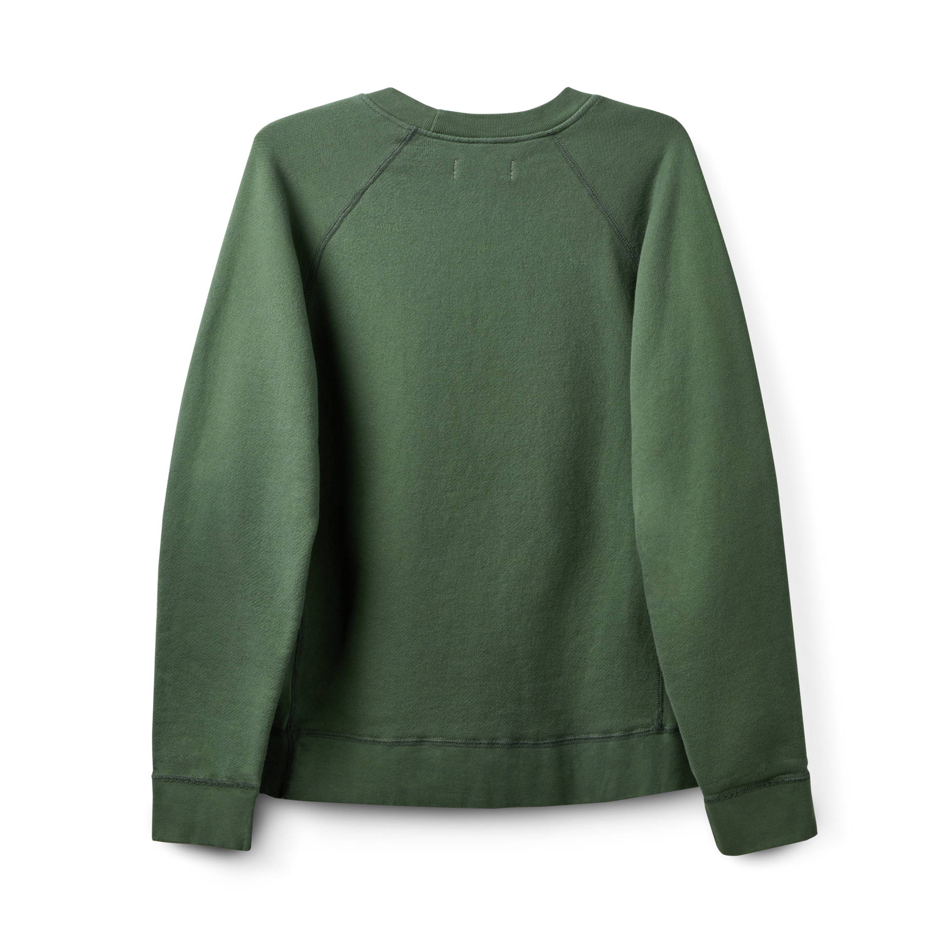 The Shinola Logo Sweatshirt - Leaf, a unisex French Terry design in forest green, is shown from the back against a white background, featuring visible seams along the shoulders and cuffs.