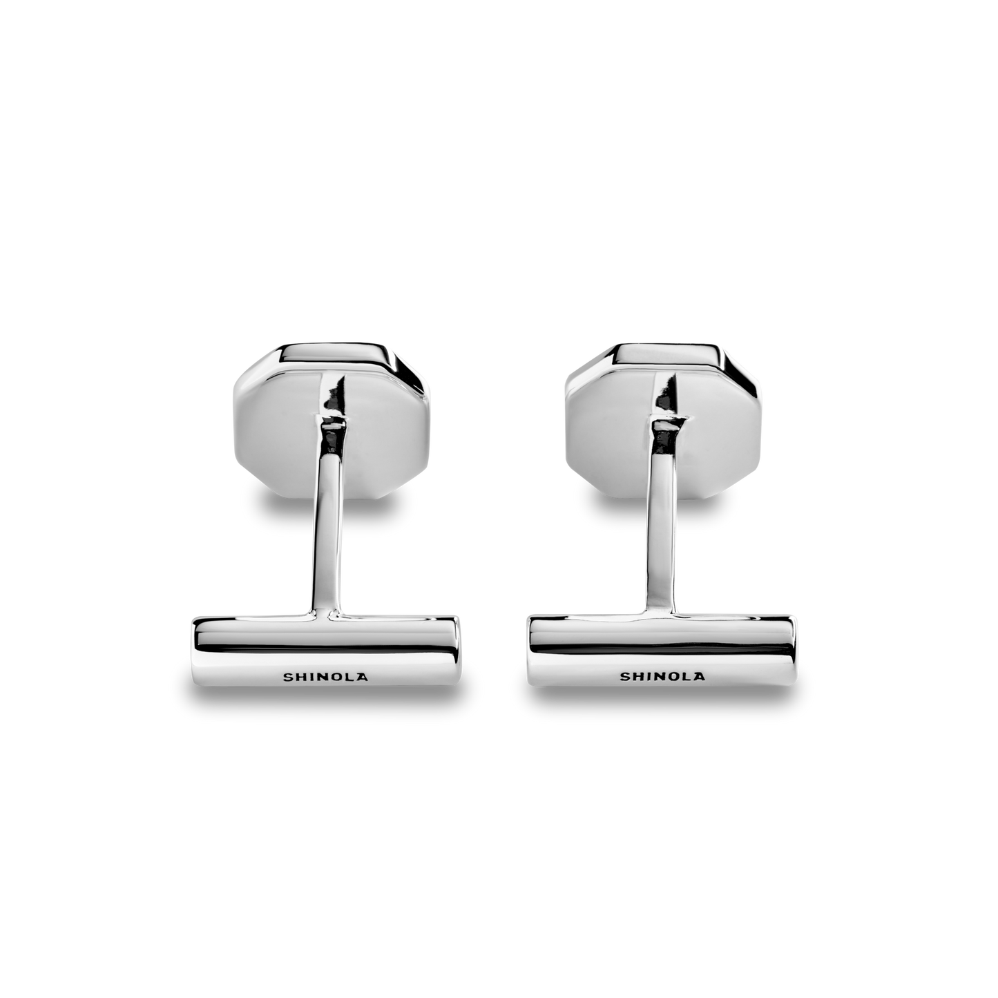 The Shinola Octagonal Onyx Inlay Cufflinks feature polished octagonal backs and cylindrical bars, engraved with "SHINOLA"—a refined accessory for any men's jewelry collection, shown against a white background.