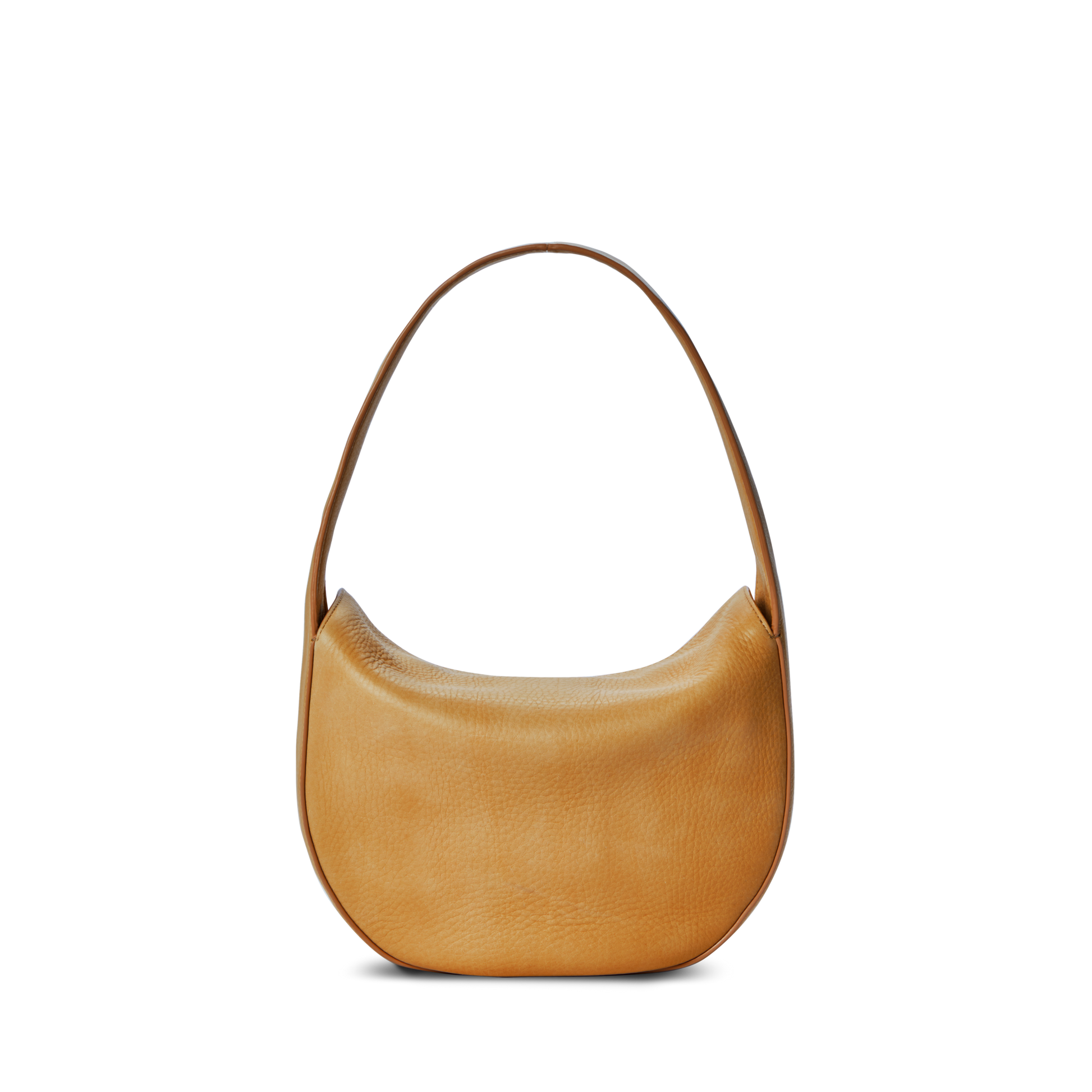 The Shinola Small Shoulder Bag - Honey is crafted from premium leather, showcasing a curved, minimalist design with a wide strap, set against a plain white background.