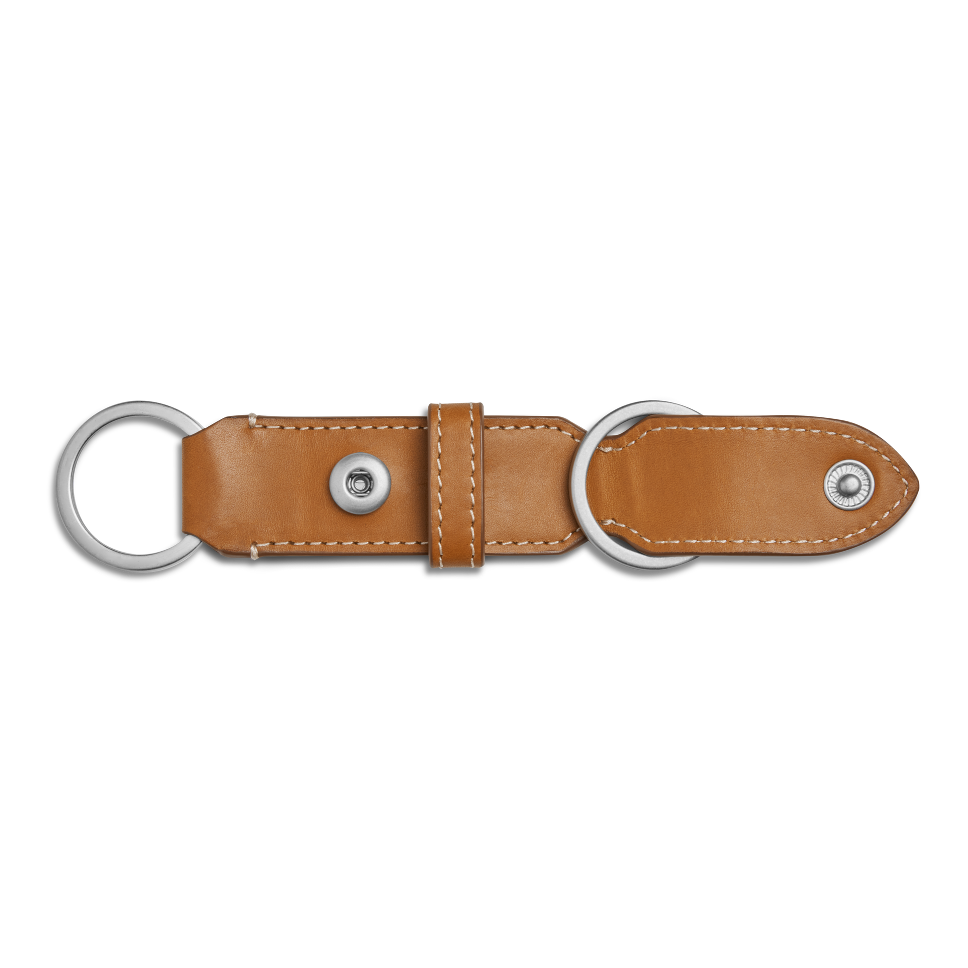 The Shinola Leather Valet Key Fob in tan features white stitching, two silver rings, and two snap buttons, shown on a white background.