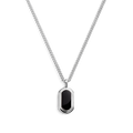 The Shinola Onyx Tag Necklace features a sterling silver chain and an oval black onyx pendant set in polished silver, displayed on a white background.